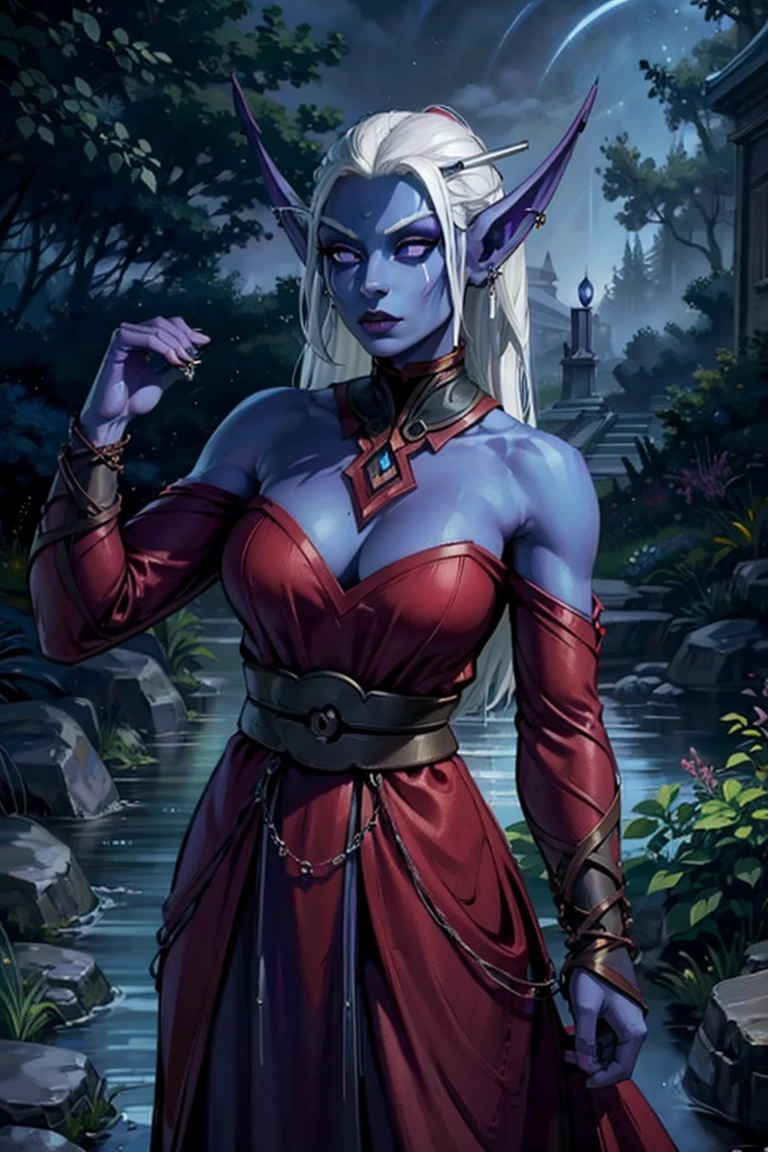 1girl, beautiful shenightborne, dark purple-blue skin, tattoo, facepaint, long white hair, jewels, elf ears, earrings, piercing, red dress, forest, tree, night, dark atmosphere, athletic, volumetric lighting, best quality, masterpiece, realistic, Anatomically correct, master piece, best quality, portrait