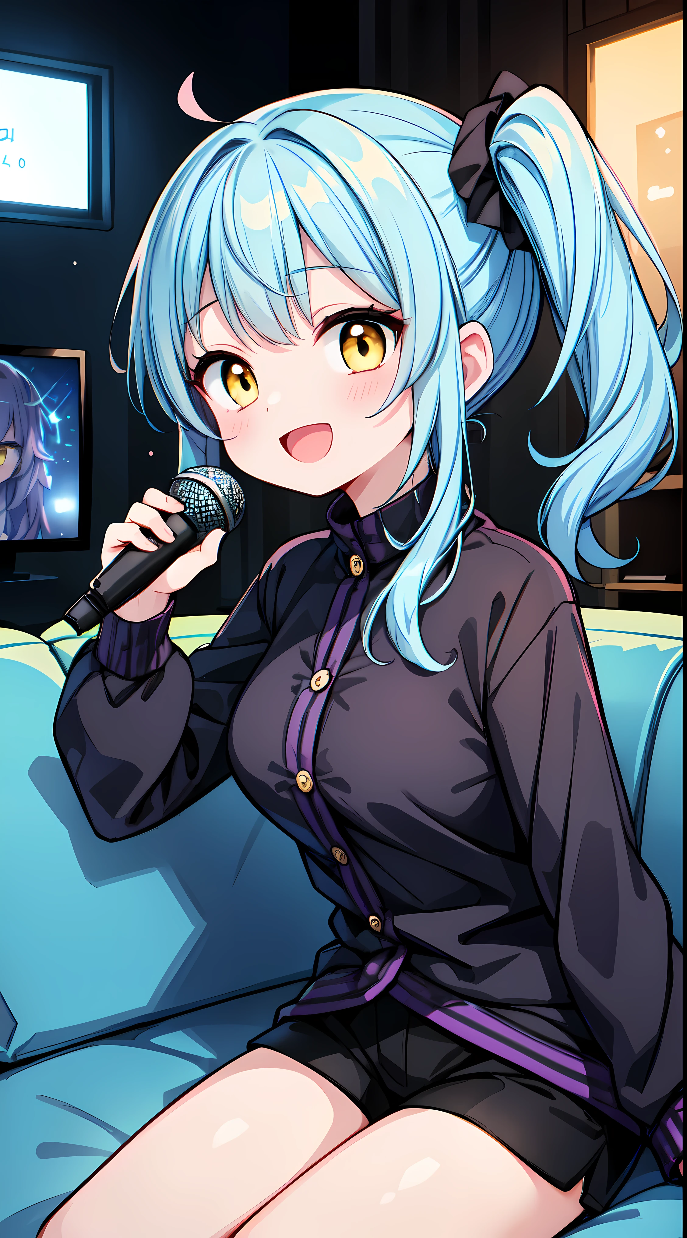 (masterpiece, highest quality, highest quality, official art, beautiful and aesthetic:1.2),super detailed,intricate details,great illustrations,award winning art,in the atmosphere,
break, 1 beautiful girl, (17 year old girl),alone,(cute:1.5),(Little:0.6),(cute:1.5),(upon:0.5),break,(17 year old girl), 1 beautiful girl,very detailed,Colorful,best details,beautiful skin,beautiful skin,shy,very detailed,Colorful,best details,break,beautiful skin,beautiful skin,shy skin,break,(yellow eyes, eye highlights,first ultrafine star:1.45),star eye silhouette ,break,(pale blue hair, medium length:1.4),(side ponytail,slightly curly hair,princess cut, crossed bangs:1.3),(big breasts,beautiful breasts(highest quality face),(highest qualityの輝く目),(best smile,:d:1.45), break,
break (((black coat:1.4, young purple shirt:1.5, black shorts))), shiny hair,
break
(sing, have a microphone:1.5), karaoke:1.3, ((monitor:1.3)), ((sitting sofa:1.3)), blush, beautiful line drawing, shiny hair, portrait, panoramic shot, cinematic angle, break,Seaweed,Seaweed,Seaweed,(cowboy shot:1.4),
break,(blurred background:1.3),(absurd, High resolution, Super detail Art),cel shading,clear color, lonely optical effect, beautiful photo, bright shine, mysterious atmosphere,(girl close-up:1.1), mysterious light particle effect,Manga influence, beautiful line drawing,