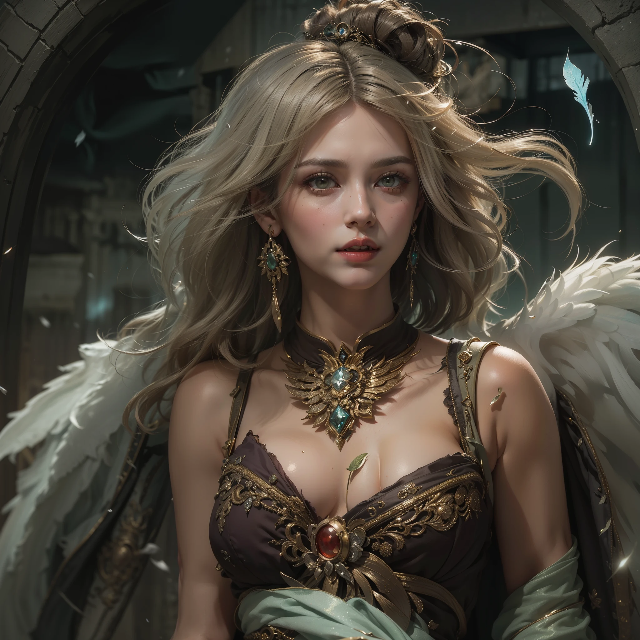 (award-winning masterpiece array, incredibly detailed, textures and maximum detail), (full body standing image: 1.8), (hyper realistic: 1.4), (upper body close-up: 0.3), (realistic: 1.3), (top quality realistic texturedskin), (fine circular symmetrical eyes), ( finely drawn beautiful face), (decadent image: 1.5), (aesthetic image: 1.5), (lewd and seductive image: 1.2), ((medieval world)), ((black devil)), ((white devil)), (elegant and decadent costume with exquisite workmanship: 1.8), (cold expression), (she has a mischievous smile on her face), (eyes glowing red in the dark: 1.5), (many demons dancing in the background: 1.4), (dramatic light), (grand scene), (her expression is gentle and beautiful, but a bit scary), ((large wings with feathers behind her shoulders), (folded wings))), glass earrings in her ears, (full body standing image: 1.8))), (((dramatic photo))), (twilight)), (sunset)), (dusk)), (seductive pose)), (dramatic pose)), (golden hair)), (silver hair)), (chestnut hair), ((short cut hair: 1.8))), ((green hair)), ((full-length portrait)), ((looking up)), ((looking down)), (simple necklace with elaborate work around neck), (swirling confetti), (swirling lightning), (swirling ice and snow), (full-length standing image: 1.8), old plant infested ruin, greattemple, large cathedral, ruins of a temple, temple away from temple, (Glowing Magician:1.4), ruins of an ancient castle, deserted ruins, crumbling ruins, ancient ruins with clear running water, wavelets, flowing water, glowing majestic cloud mass and sky, lightning, epic realistic, ((neutral colors)), (HDR:1.5)(subdued colors:1.2), very very detailed, cinematic, warm light, dramatic light, (complex details:1.1), leaves dancing in the wind