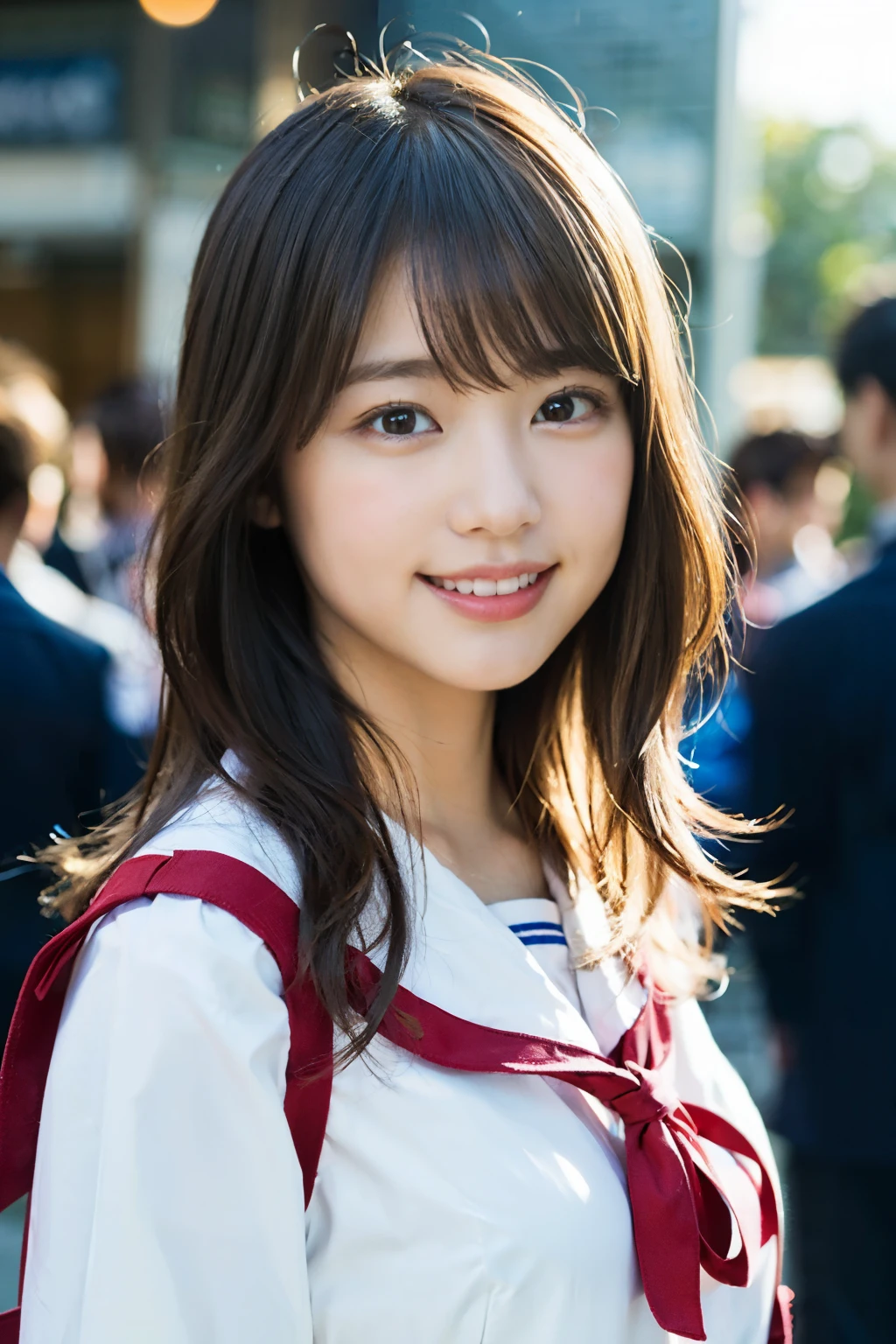 (8K、Raw photo、highest quality、masterpiece:1.2)、(realistic、Photoreal:1.37)、super detailed、Super high resolution、1 girl、see the beholder、beautiful and detailed face、laughter、narrow、(slim waist) :1.3)、Beautiful and smooth skin、skin texture、floating hair、professional lighting、human body as a whole、long hair、blonde、Japanese high school uniform、sailor suit、bob hair、E cup、smile、16 years old、red ribbon、baby face、childish smile、No makeup、moisturizing lips、light pink lips、nostalgic countryside、Game Center