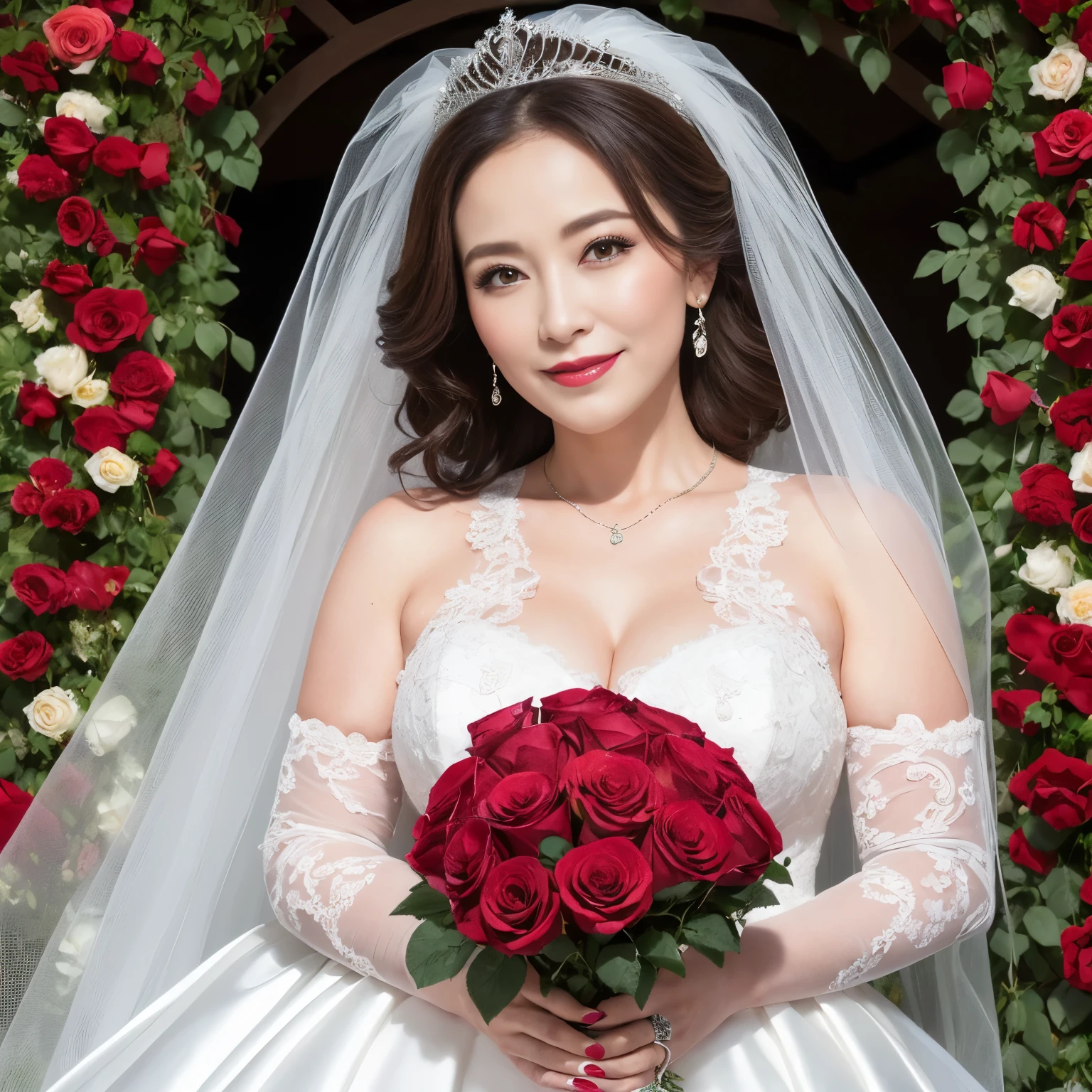 ((highest quality、muste piece、8K、Highest image quality、hyper realism))、(1 Most Beautiful Mature Actress Bride 45 Years Old:1.1)、(the finest giant wedding dress:1.1)、(wedding lace:1.1)、(Top quality giant tiara:1.1)、(Wrinkled face:1.1)、(wrinkles around the eyes:1.1)、(nasolabial folds:1.1)、Upper body photo of mature bride、(A wedding surrounded by lots of roses:1.2)、(A gorgeous arch made of lots of roses:1.2)、(Bride surrounded by lots of roses:1.1)、perfect makeup、dark lipstick、very bright and vivid、the biggest smile when you look at me、(perfect anatomy:1.1)