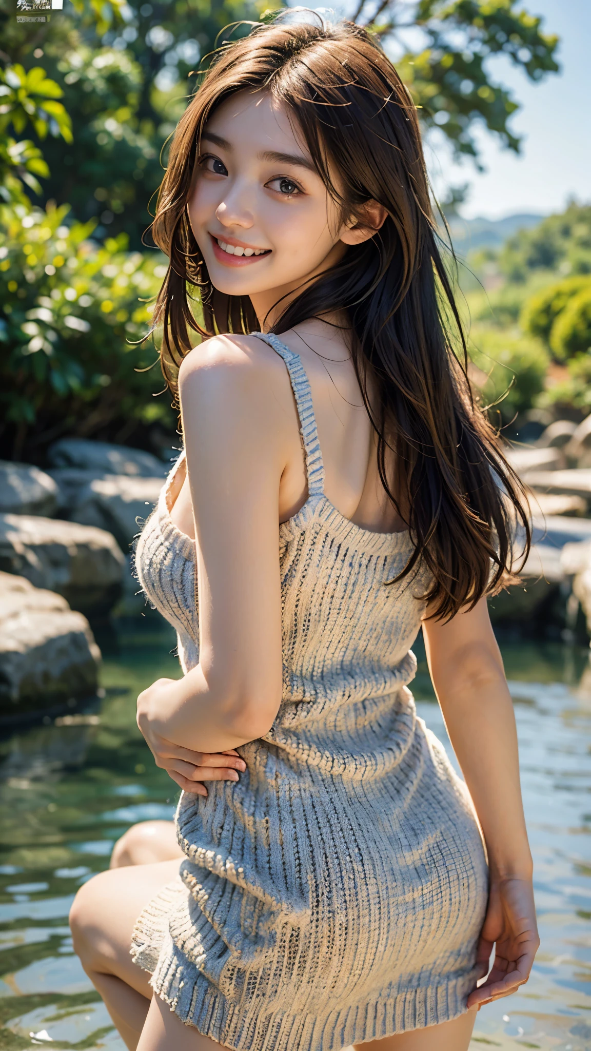 highest quality, masterpiece, ultra high resolution, (realistic:1.4), (close portrait) Raw photo, 1 girl, 22 years old, (((back open knit dress))) masterpiece, realistic pictures, japanese pictures, fuji negative film, saturation, contrast, Pocari Sweat Advertisement ((small breasts)),((smiling showing teeth)),Long hair straight,brown hair,