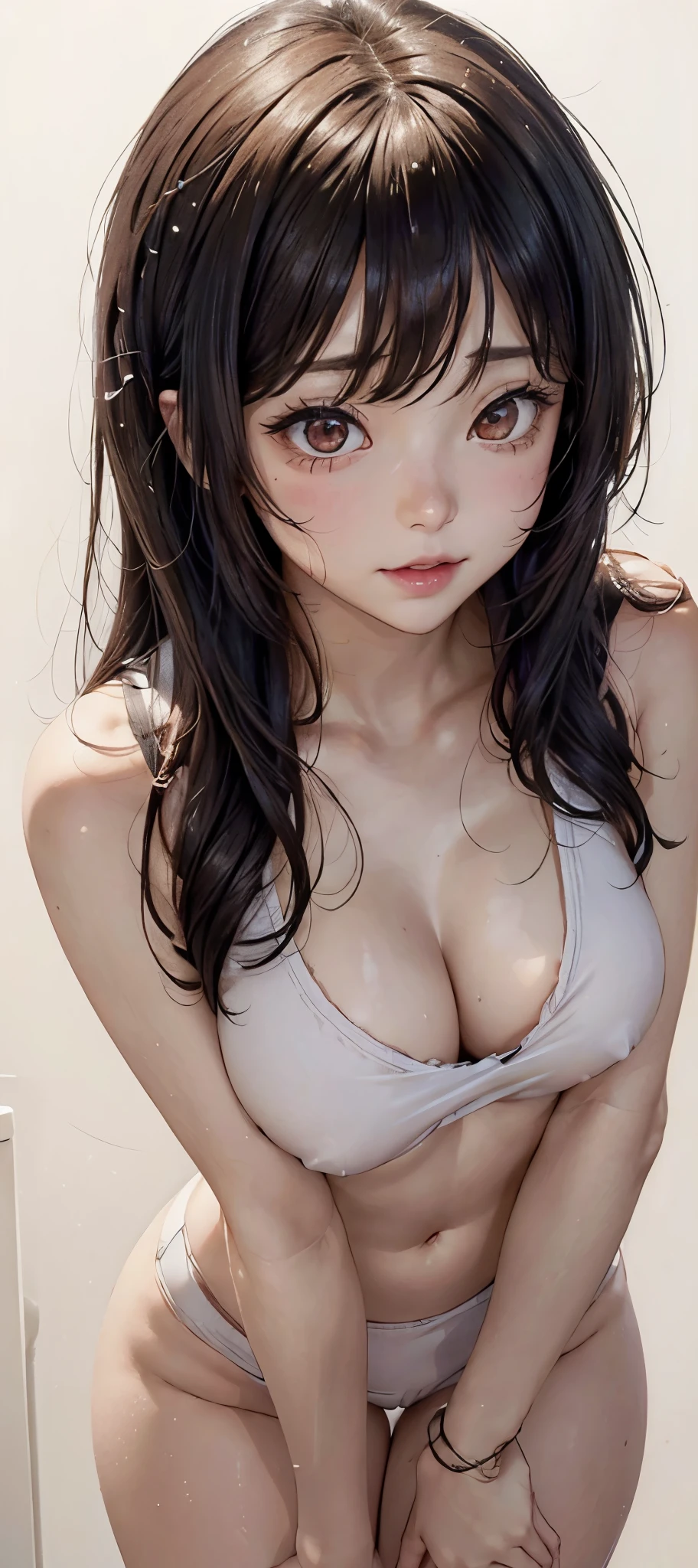 1lady solo, (looking up) from above, /(waitress/), /(dark brown hair/) bangs, blush light smile, (masterpiece best quality:1.2) delicate illustration ultra-detailed, (((White Background))) , looking at viewer, darker shadows, (((absurdres))), (((underboob))), (((sleeveless))), (((unbuckled))), (((ulzzang))), (((thigh gap))), (((very embarrassed))), (((mascara))), (((hands on thighs))), (((feminine))), (((cinematic lighting))), (((pubic hair))),