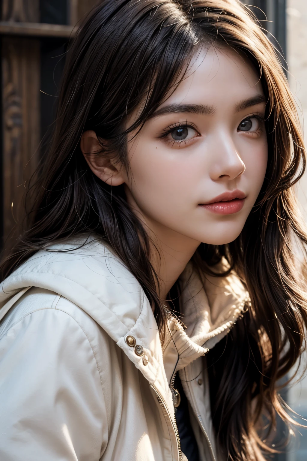 (close-up:1.4),(RAW photo:1.2), (photorealistic:1.4),(masterpiece:1.3),(best quality:1.4), dreamlike, (detailed eyes),(detailed facial features), (detailed clothes features), skin tight, (shiny skin),(slender girl),(slim girl), 1girl,solo, cute,smlie,(medium breasts), bangs, straight hair, long hair, black hair, black eyes, crystal pendant, Long blue scarf,White long wool coat,Black thick pantyhose,Brown snow boots, deep shadow, low key,， 
