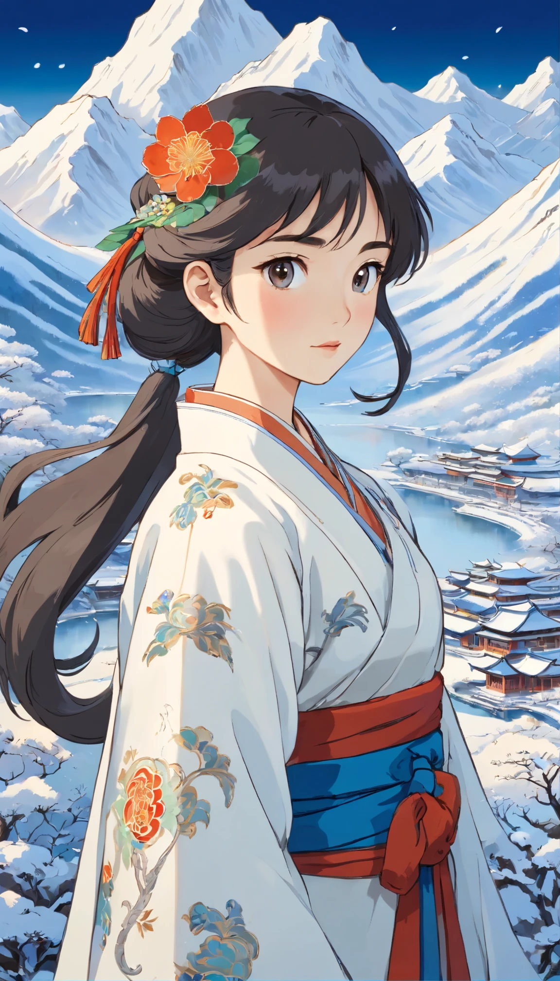 Winter Mongolian traditional flower and leaf pattern, more snows, snow, blue and white porcelain, magnificent landscape painting, poster level, best quality,ultra-detailed,realistic,vivid colors,physically-based rendering,longevity landscape painting,traditional Mongolian painting style,delicate petals and leaves,detailed brushwork,crisp lines,exquisite porcelain texture,subtle shades of blue and white,elaborate composition,splendid mountains and rivers,intricate details in the foreground and background, Mongolian calligraphy,hidden symbols,tranquil atmosphere,serene beauty,harmonious color palette,classic elegance,soft and diffused lighting,refined craftsmanship,visual feast of traditional Mongolian art.