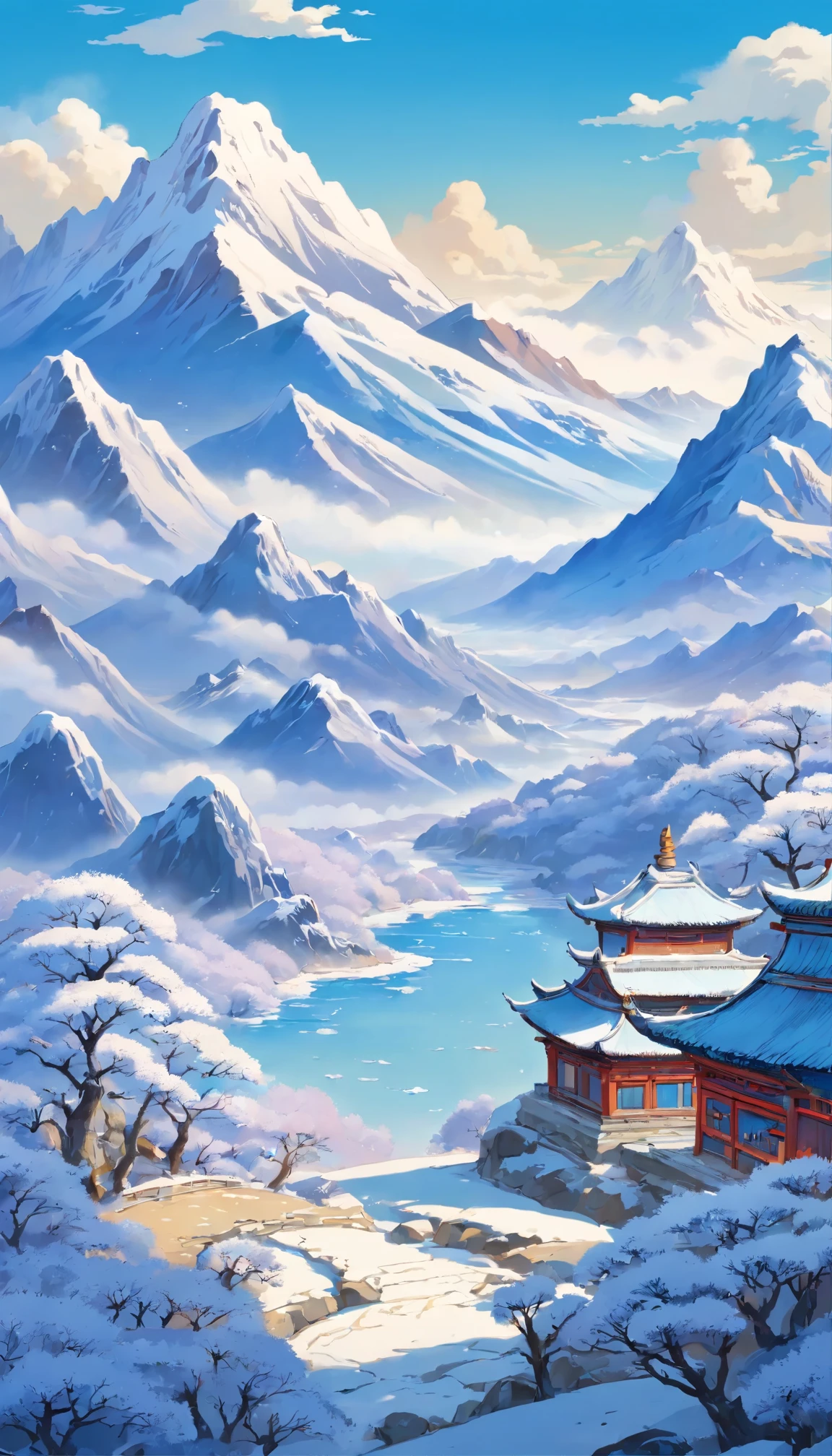 Winter Mongolian traditional flower and leaf pattern, more snows, snow, blue and white porcelain, magnificent landscape painting, poster level, best quality,ultra-detailed,realistic,vivid colors,physically-based rendering,longevity landscape painting,traditional Mongolian painting style,delicate petals and leaves,detailed brushwork,crisp lines,exquisite porcelain texture,subtle shades of blue and white,elaborate composition,splendid mountains and rivers,intricate details in the foreground and background, Mongolian calligraphy,hidden symbols,tranquil atmosphere,serene beauty,harmonious color palette,classic elegance,soft and diffused lighting,refined craftsmanship,visual feast of traditional Mongolian art.