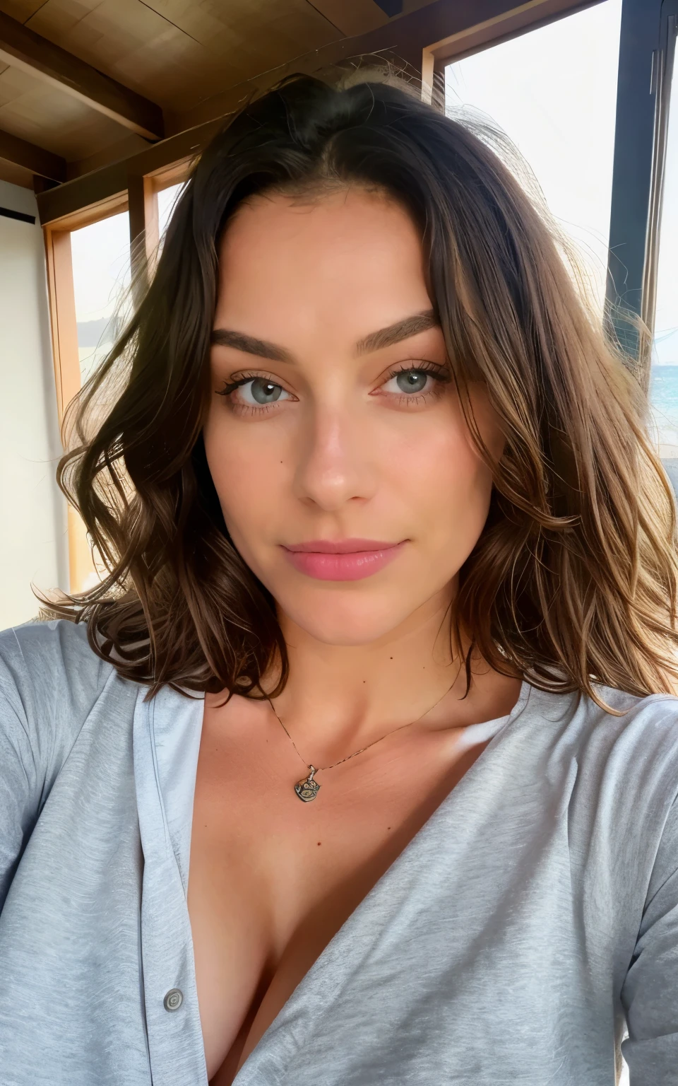 Beautiful brunette with blonde highlights, who is wearing a black top (in her cozy room), Sehr detailiert, 22 Jahre alt, Gesicht unschuldig, Natural wavy hair, blaue Augen, high resolution, Meisterwerk, best quality, komplizierte hohe Detailgenauigkeit, sehr detailliert, scharfer Fokus, detaillierte Haut, realistic skin Textur, Textur, Detaillierte Augen, Fachmann, 4K, charming smile, gefilmt mit Canon, 85 mm, shallow depth of field, Kodak Vision Color, perfectly fitting body, Extremely detailed, Fotografier_\(Ultra\), fotorealistisch, Realistisch, Nachbehandlung, maximale Details, Rauheit, wahres Leben, Ultra realist, Fotorealismus, Fotografie, 8K UHD, Fotografie, ((Upper body selfie, Happy)), Meisterwerk, best quality, ultradetailliert, am Strand, (Tag), Natur, heiter, Blick auf das Meer, Happy, Rucksack, Strandhut, pink shirt small sleeves closed, Schatten, Kontrast, klarer Himmel, Stil, (warmer Farbton, warmer Ton: 1.2), Nahaufnahme, Filmisches Licht, Seitenbeleuchtung, Ultrahigh resolution, bester Schatten, ROH, Gesichtsteil, ernster Blick, Normal breasts, 4K,