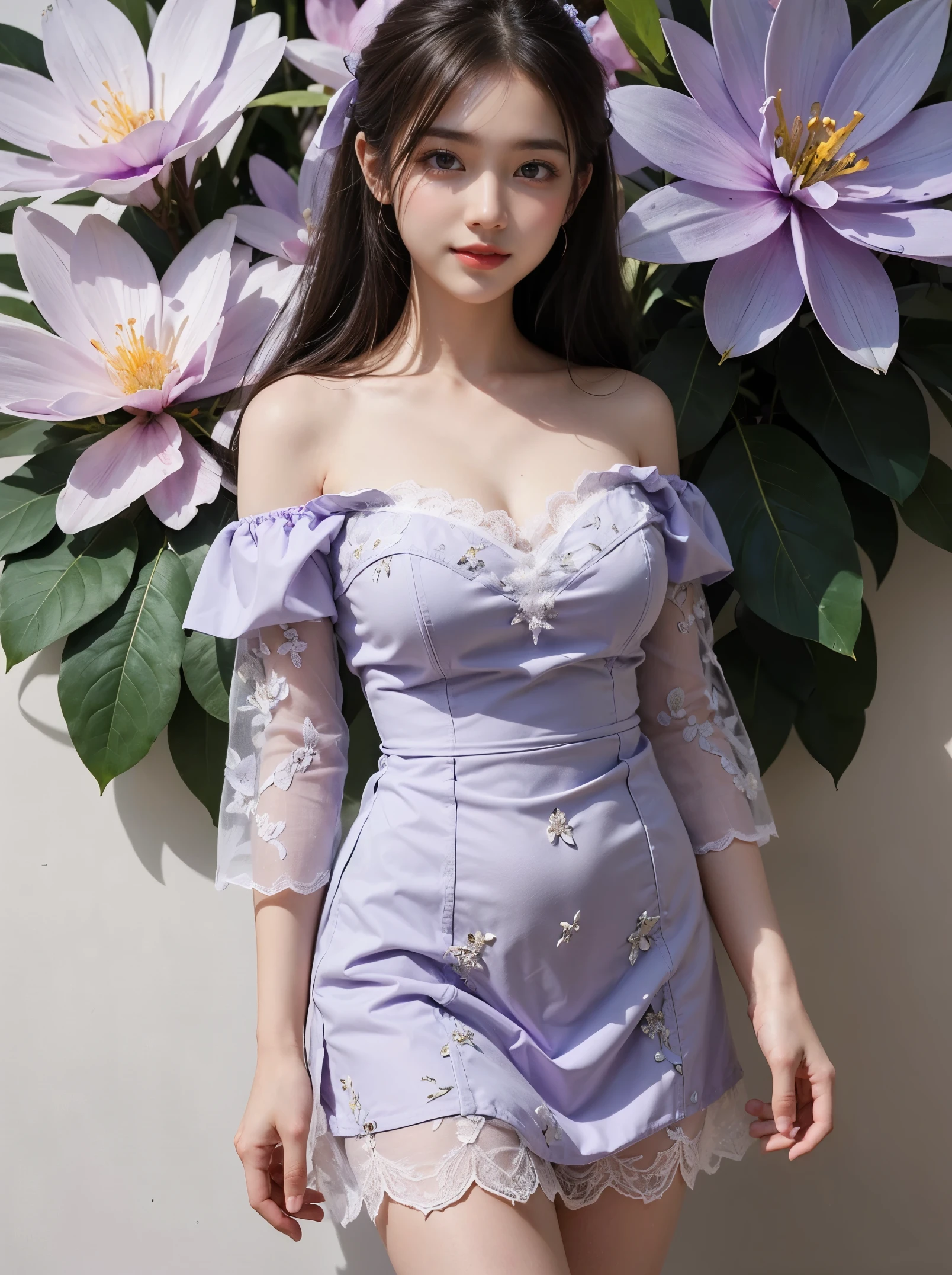 Intricate, High Detail, Sharp Focus, Dramatic, starry night sky, Beautiful girl,Japanese idol, 18 years old, mature looking, Realistic Art of Drawing, Sketch, Masterpiece, Best Quality, Very Detailed, 1girl, Full-body, head to bust image scope, beautiful detailed eyes, detailed face, double eyelid, 1girl, solo, beautiful skin, real human skin, cute girl, beautiful , (Light purple dress:1.4), decorated with white lace embroidery, standing position, Cute Face, Bust, big bossoms, seductive smile,(Botanical Illustration: 1.5), no pornographical exposure, bigger breasts, Off-shoulder mini dress that clearly shows your body line,