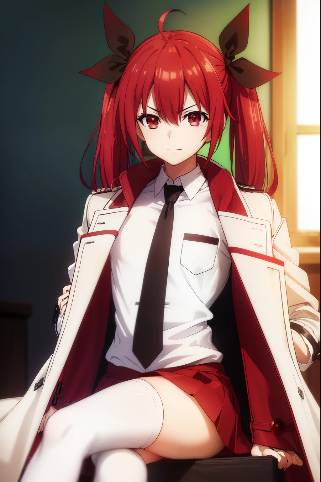 kotoriitsuka, kotori itsuka, long hair, (red eyes:1.5), red hair, ahoge, (flat chest:1.2),
BREAK (coat on shoulders:1.7), (white shirt:1.5), coat, (red coat:1.5), collared shirt, long sleeves, twintails, hair ribbon, black ribbon, necktie, school uniform, skirt, red skirt, pleated skirt, thighhighs, black necktie,
BREAK looking at viewer, (sitting:1.5), throne, from below, smile, angry, chair, crossed arms,
BREAK indoors,
BREAK (masterpiece:1.2), best quality, high resolution, unity 8k wallpaper, (illustration:0.8), (beautiful detailed eyes:1.6), extremely detailed face, perfect lighting, extremely detailed CG, (perfect hands, perfect anatomy),