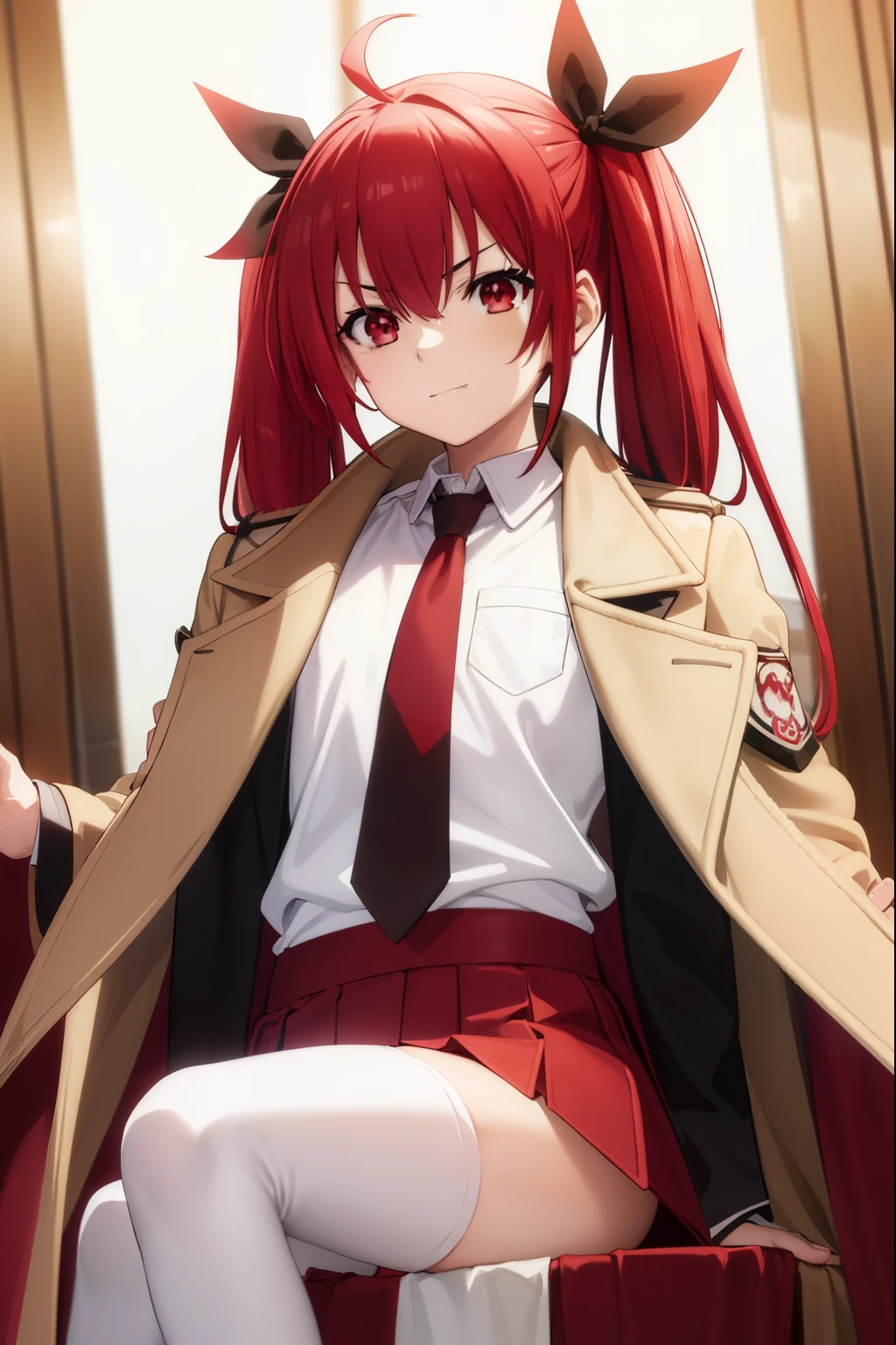 kotoriitsuka, kotori itsuka, long hair, (red eyes:1.5), red hair, ahoge, (flat chest:1.2),
BREAK (coat on shoulders:1.7), (white shirt:1.5), coat, (red coat:1.5), collared shirt, long sleeves, twintails, hair ribbon, black ribbon, necktie, school uniform, skirt, red skirt, pleated skirt, thighhighs, black necktie,
BREAK looking at viewer, (sitting:1.5), throne, from below, smile, angry, chair, crossed arms,
BREAK indoors,
BREAK (masterpiece:1.2), best quality, high resolution, unity 8k wallpaper, (illustration:0.8), (beautiful detailed eyes:1.6), extremely detailed face, perfect lighting, extremely detailed CG, (perfect hands, perfect anatomy),