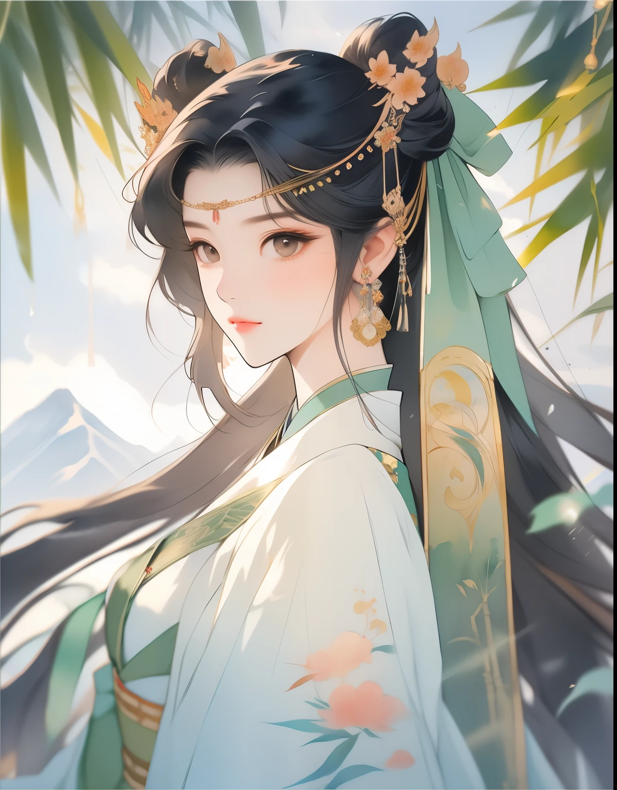 there is a woman with a flower crown on her head, palace , A girl wearing Hanfu,, Chinese Mythology Art,Mountain and sea sutra style,Ink painting blooming,watercolor illustration,Western style woman,front,Upper body,beautiful face,Exquisite facial features,Light makeup,Long silk dress,double bun hair,Gilt jewelry decoration,black hair,hair accessories,Super gorgeous details,Warm color aesthetic light source,Clouds,ribbon,ribbon,Bamboo leaves cover half of the face,Light painting rendering,blurry and mottled,HD,16k,best quality