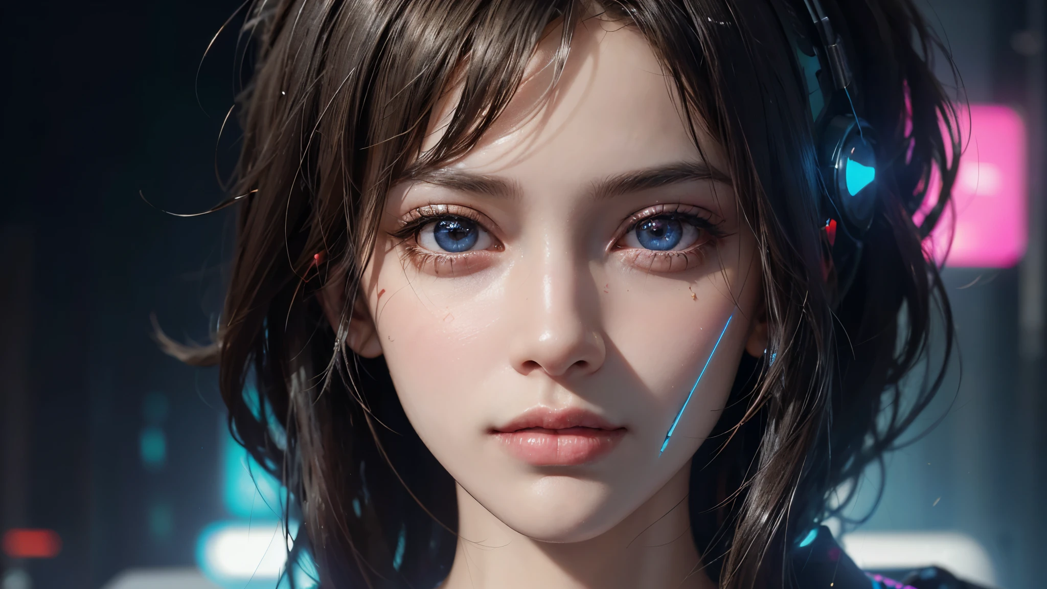 (UHD, retina, masterpiece, accurate, anatomically_correct, textured_skin, super_detail, high_details, high_quality, best_quality, high_res, 1080P, HD, 4K, 8k, 16k), (beautiful_detailed_eyes, beautiful_detailed_lips, extremely_detailed_eyes_and_face), soft_lighting, physically-based_rendering, vivid_colors, (large_breasts:1.5), (shiny_hair, shiny_skin, tanned_skin, blush), (bangs:1.5), eye_reflection, (bokeh), semi-profile_view, (cyberpunk:1.5),