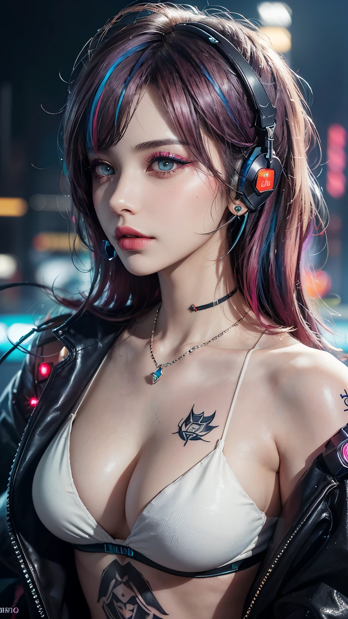 (UHD, retina, masterpiece, accurate, anatomically_correct, textured_skin, super_detail, high_details, high_quality, best_quality, high_res, 1080P, HD, 4K, 8k, 16k), (beautiful_detailed_eyes, beautiful_detailed_lips, extremely_detailed_eyes_and_face), soft_lighting, physically-based_rendering, vivid_colors, (large_breasts:1.5), (shiny_hair, shiny_skin, tanned_skin, blush), (bangs:1.5), eye_reflection, (bokeh), semi-profile_view, (cyberpunk, bright_neon_hair_and_makeup, body_piercings_and_tattoos, jewelry_with_built-in_LED_lights, headset_communication_devices:1.5),