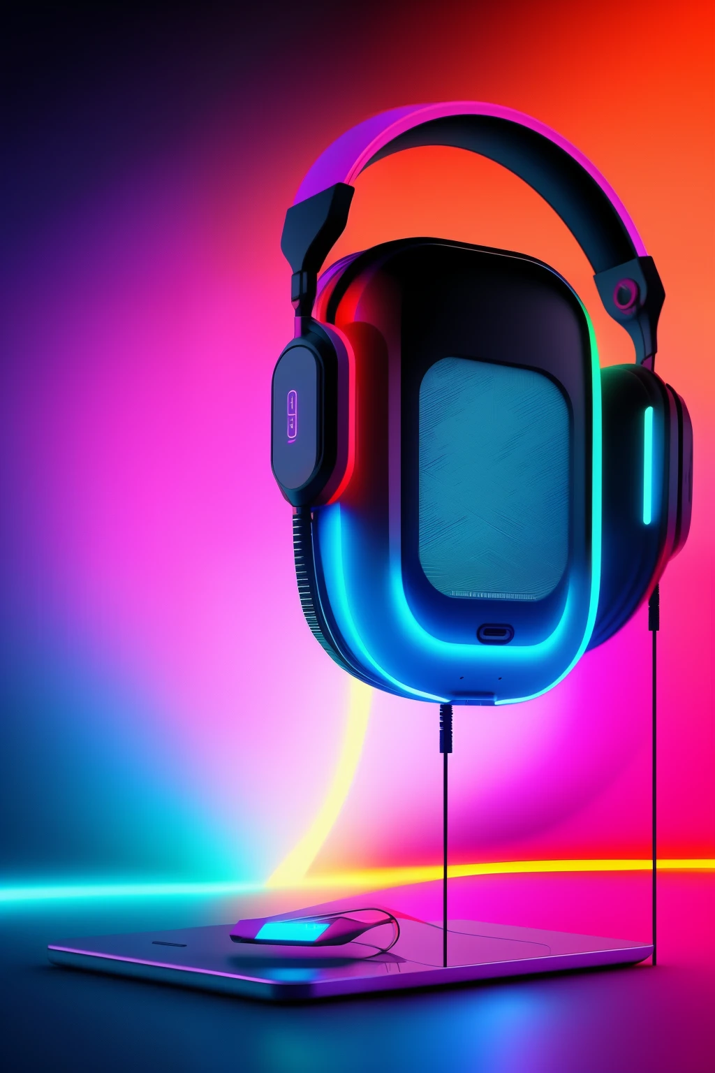 Um objeto futurista, um fone de ouvido headset, com um estilo cyberpunk, adorned with paint strokes and neon lights, em um estilo de imagem vetorial perfeito para estampas de camisetas. With a white background that highlights every detail, The image is in 4K, proporcionando uma qualidade realista e imersiva. Ray tracing effects lend an even more sophisticated and technological aspect to the composition.