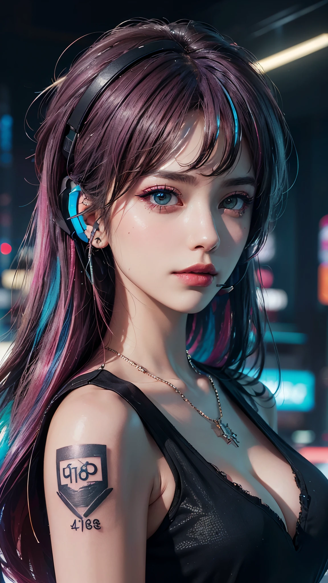 (uhd, retina, masterpiece, accurate, Anatomically_correct, textured_skin, supervisor_Detail, High_Details, High_quality, best_quality, High_Lips, 1080P, HD, 4K, 8k, 16,000), (beautiful_Detailed_eyes, beautiful_Detailed_Lips, extremely_Detailed_eyes_and_face), soft_light, Physics-based_expression, vivid_colors, (large in size_chest:1.5), (shining_hair, shining_skin, Blackened_skin, blush), (forehead:1.5), eye_reflect, (bokeh), Semi Profile_see, (cyberpunk, bright_neon_hair_and_assembly, body_piercing_and_Tattoo, bijouterie_~with_viscera_~ led_etc., headphone_Communication_device:1.5),