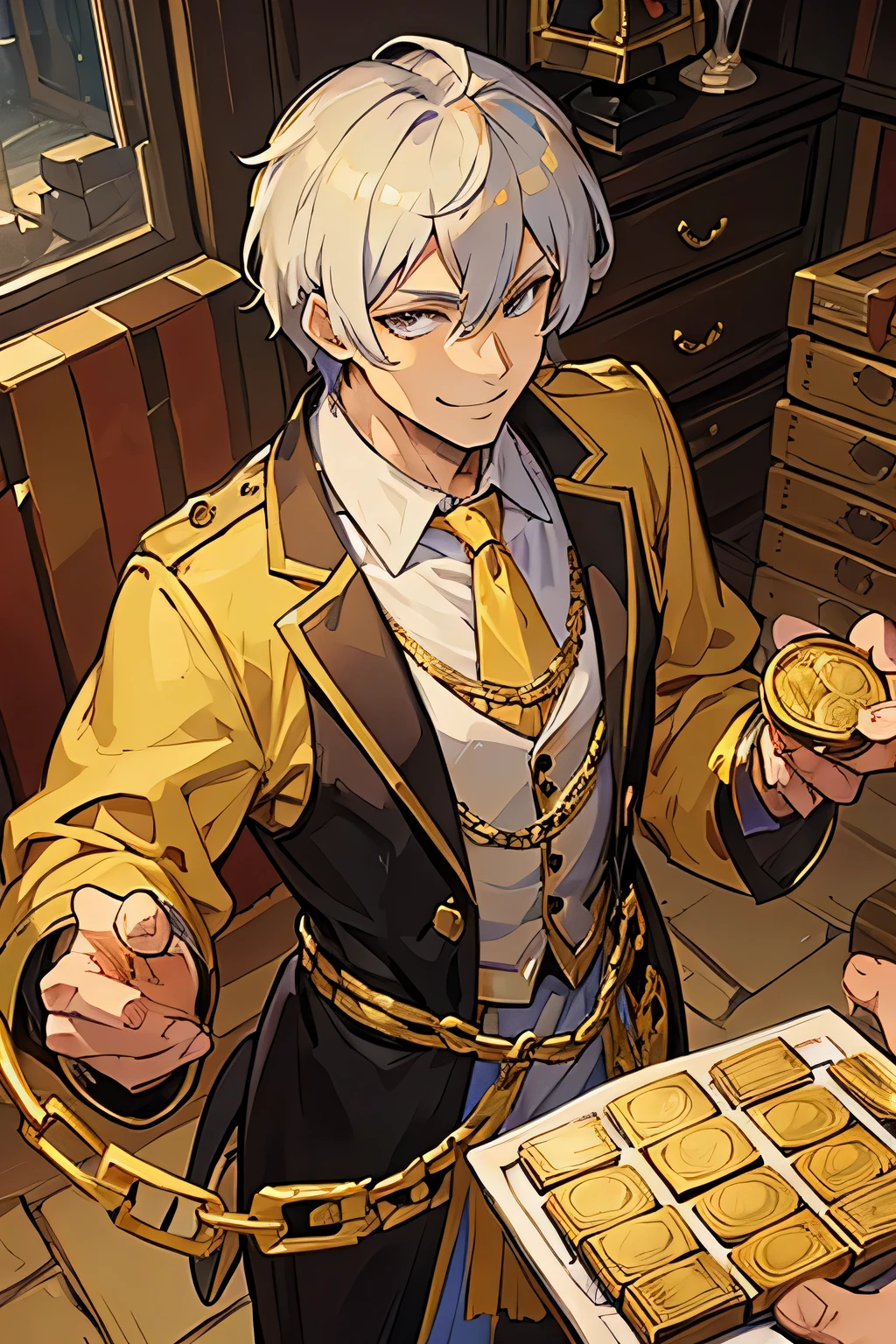 score_9, score_8_up, score_7_up source_toon, 1 boy, solo, male, Aventurine_\(Honkai:_Star_Rail_\)_, poker chips, hair_between_eyes,looking_at_viewer,male_focus,multicolored_eyes, bulge, big bulge.
