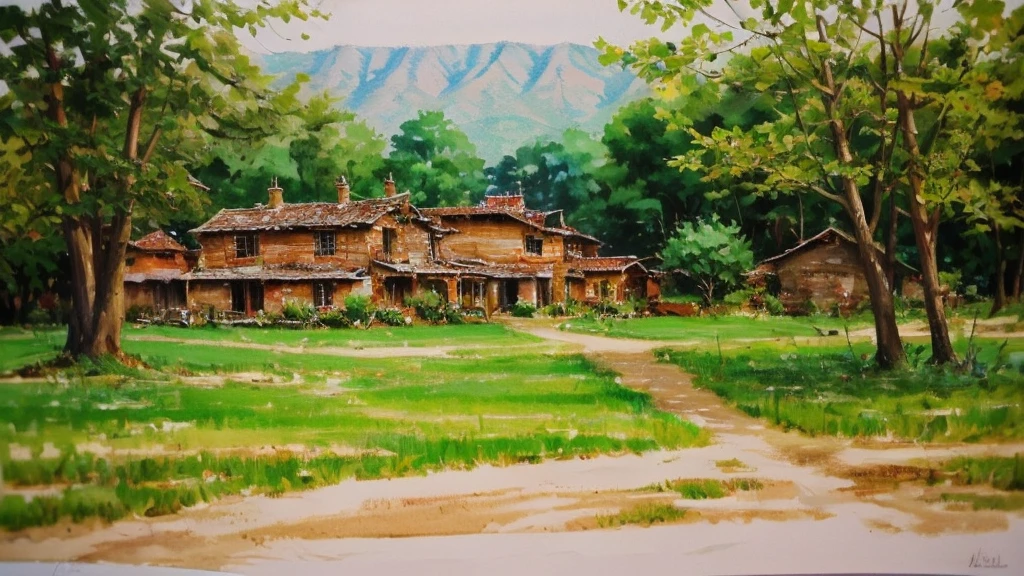 A nice landscape, warm weather, trees in the distance, watercolor feel, masterpiece, sunny day