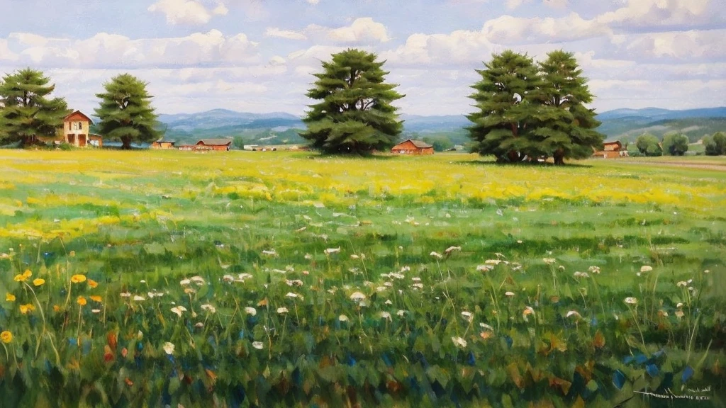 A nice landscape, warm weather, trees in the distance, watercolor feel, masterpiece, sunny day