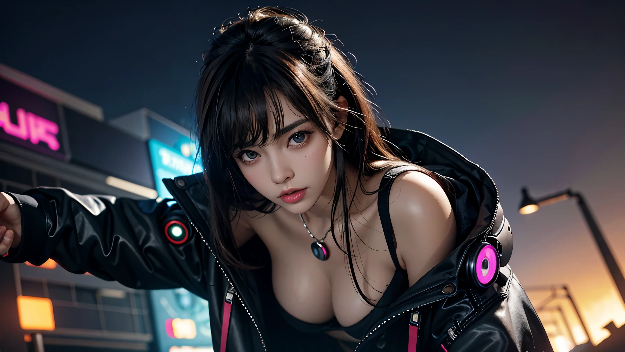 (UHD, retina, masterpiece, accurate, anatomically_correct, textured_skin, super_detail, high_details, high_quality, best_quality, high_res, 1080P, HD, 4K, 8k, 16k), (beautiful_detailed_eyes, beautiful_detailed_lips, extremely_detailed_eyes_and_face), soft_lighting, physically-based_rendering, vivid_colors, (large_breasts:1.5), (shiny_hair, shiny_skin, tanned_skin, blush), (bangs:1.5), eye_reflection, (bokeh), semi-profile_view, (cyberpunk:1.5),