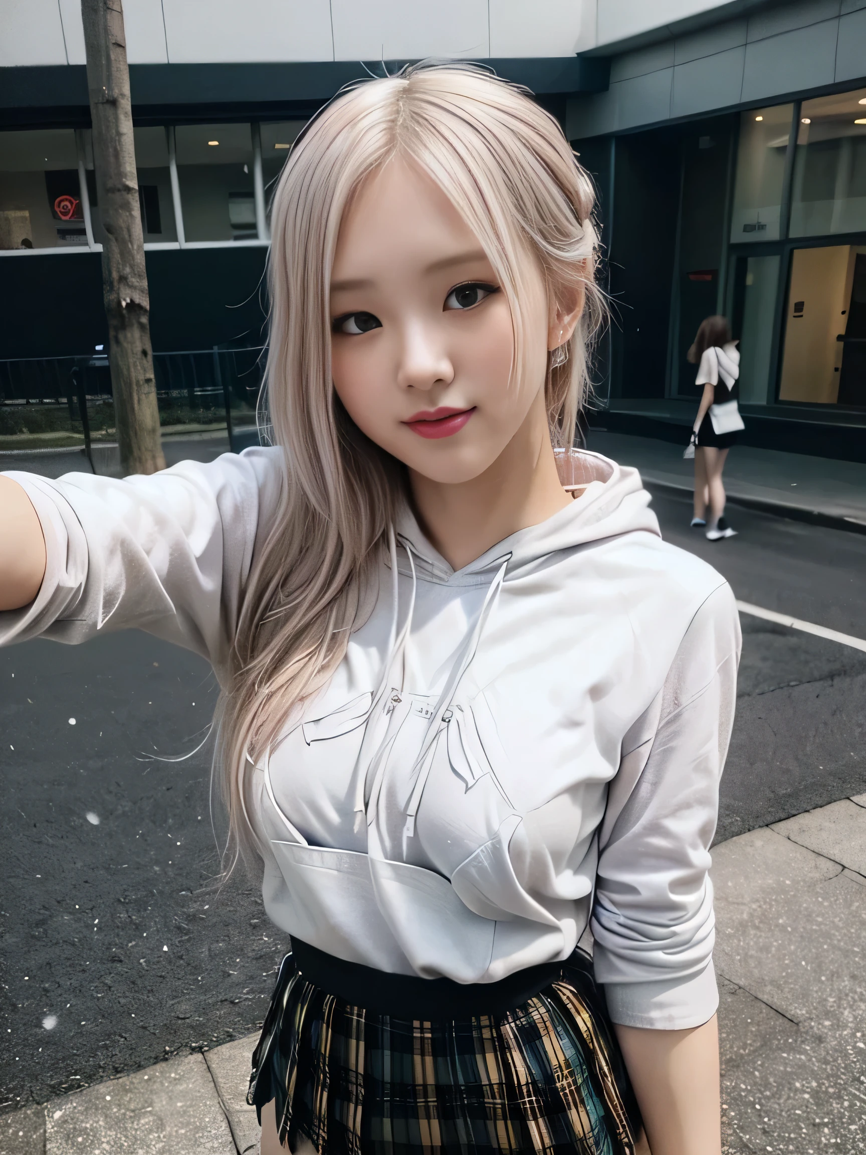 masterpiece: 1.4, (8K, Reality, RAW photograph, best quality: 1.4), bright lighting, beautiful detailed eyes, real skin:1.3, Beautiful skins, Attractive, high resolution, Ultra photo realism, Detailed: 1.4, ((white hoodie:1.6, black pleated miniskirt:1.6)), slim body:1.3, open chest, small breast, slim legs:1.5, dynamic pose, (outdoor snowing), (show head:2.0), high angle, (taking selfie shot:1.5), (wide angle), smiling