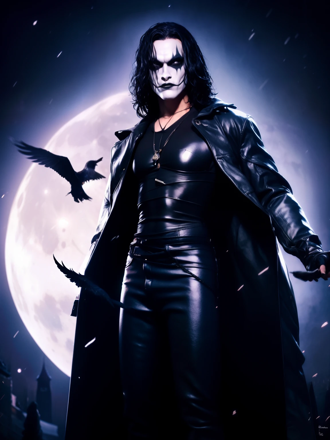 A cinematic poster of the character "The Crow". The character in the middle of a dark street, with a bright green light shining on him. (( The Crow V.IT Face, White face with black makeup )), (((a raven on shoulde)) ), The background is black with smoke. Wearing a The Crow Costume. The character is wearing a black
overcoat, jeans, and black boots. He has long black hair and wears black makeup. DETAILED FACE, intricate.
Realism: The generated art should be realistic and highly detailed.
Lighting: The lighting should be cinematic, with a bright RED light shining on the character.
Background: (((The background should be black with Full moon))) .