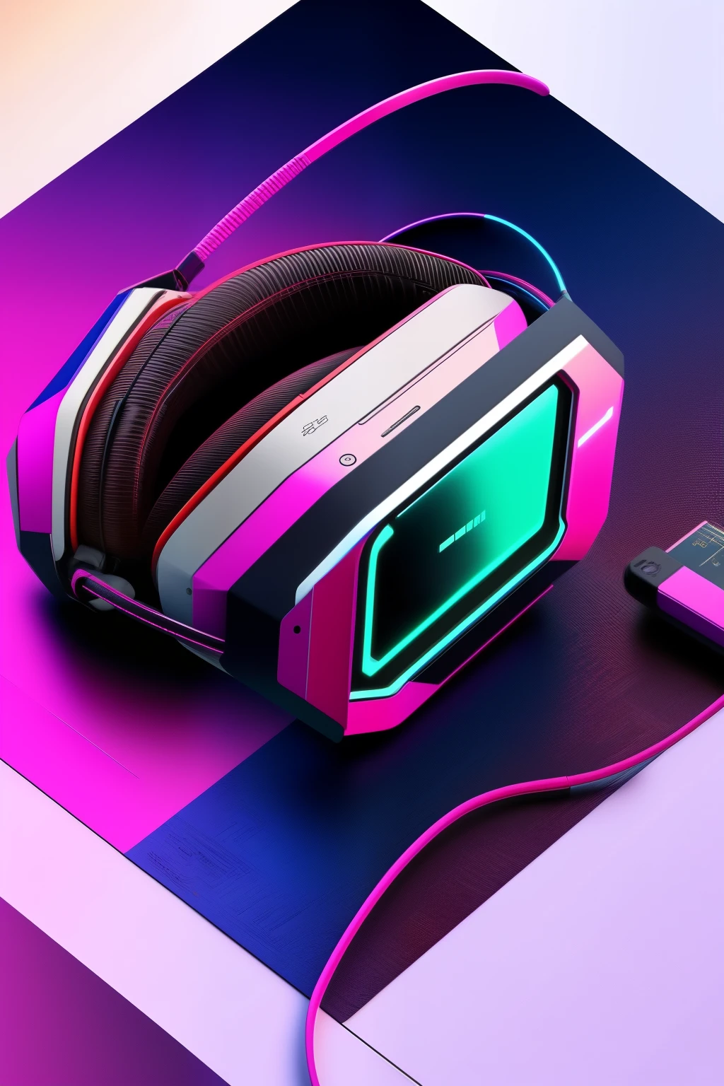 Um objeto futurista, um fone de ouvido headset, com um estilo cyberpunk, adorned with paint strokes and neon lights, em um estilo de imagem vetorial perfeito para estampas de camisetas. With a white background that highlights every detail, The image is in 4K, proporcionando uma qualidade realista e imersiva. Ray tracing effects lend an even more sophisticated and technological aspect to the composition.