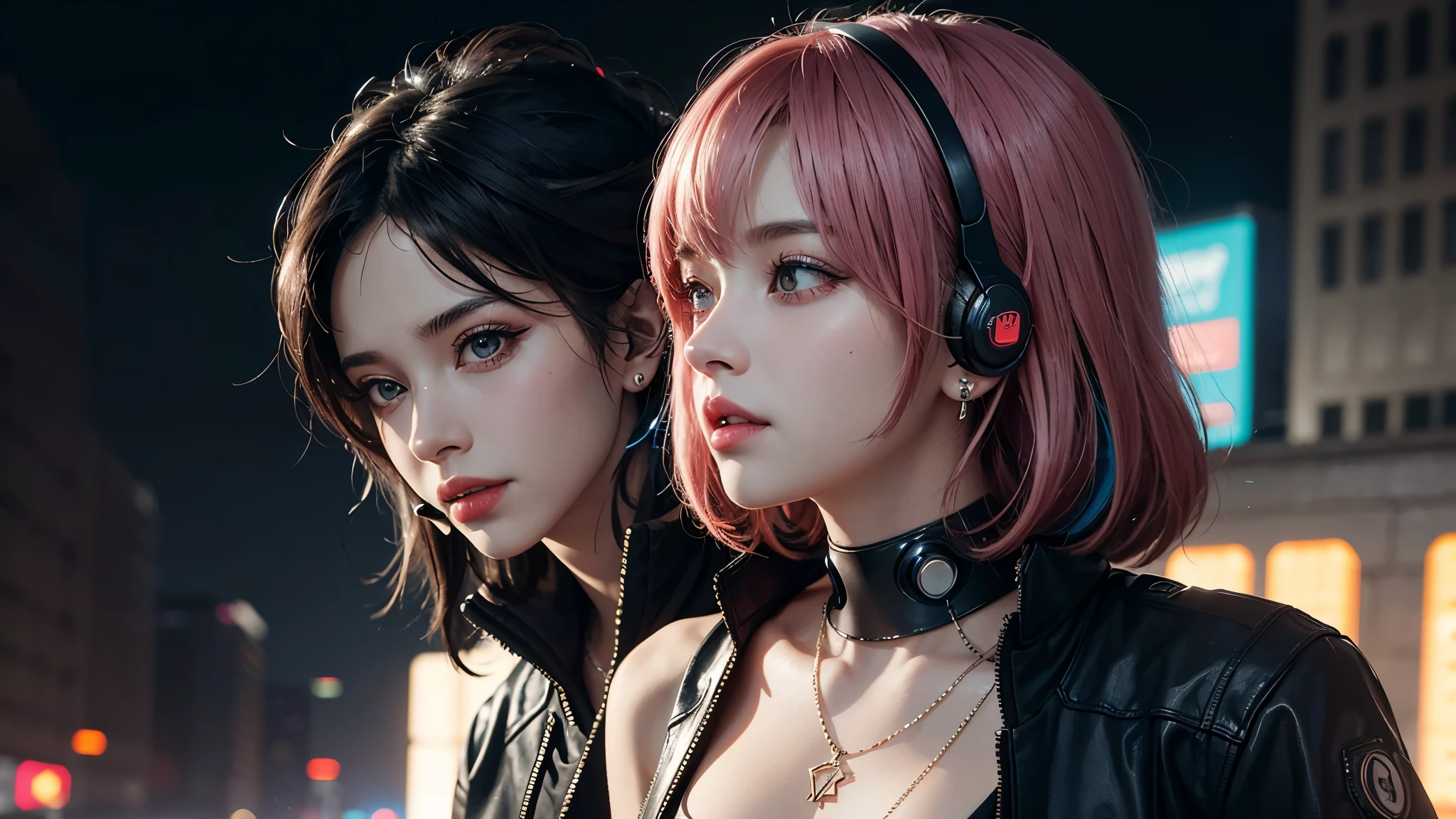 (UHD, retina, masterpiece, accurate, anatomically_correct, textured_skin, super_detail, high_details, high_quality, best_quality, high_res, 1080P, HD, 4K, 8k, 16k), (beautiful_detailed_eyes, beautiful_detailed_lips, extremely_detailed_eyes_and_face), soft_lighting, physically-based_rendering, vivid_colors, (large_breasts:1.5), (shiny_hair, shiny_skin, tanned_skin, blush), (bangs:1.5), eye_reflection, (bokeh), semi-profile_view, (cyberpunk, bright_neon_hair_and_makeup, body_piercings_and_tattoos, jewelry_with_built-in_LED_lights, headset_communication_devices:1.5),
