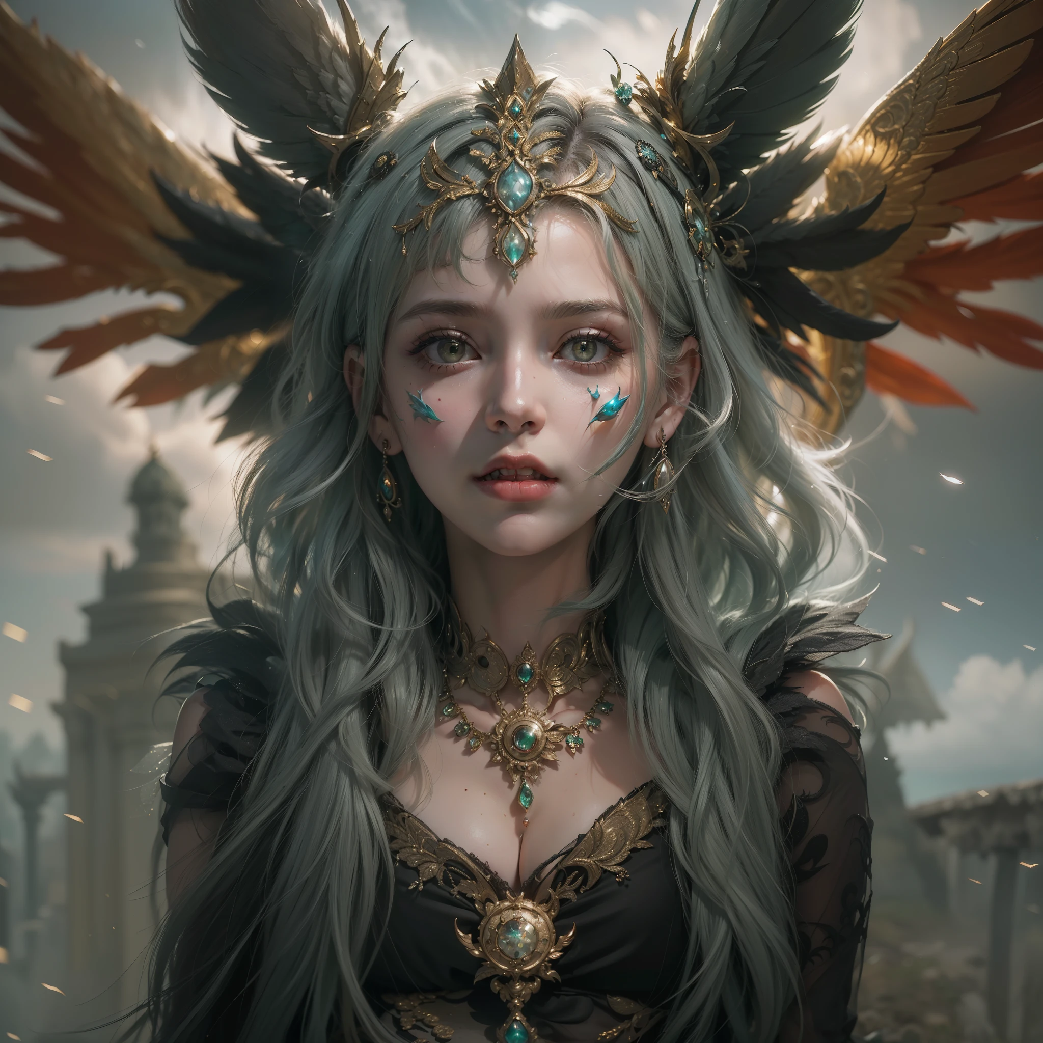 (award-winning masterpiece array, incredibly detailed, textures and maximum detail), (full body standing image: 1.8), (hyper realistic: 1.4), (upper body close-up: 0.3), (realistic: 1.3), (top quality realistic texturedskin), (fine circular symmetrical eyes), ( finely drawn beautiful face), (decadent image: 1.5), (aesthetic image: 1.5), (lewd and seductive image: 1.2), ((medieval world)), ((black devil)), ((white devil)), (elegant and decadent costume with exquisite workmanship: 1.8), (cold expression), (she has a mischievous smile on her face), (eyes glowing red in the dark: 1.5), (many demons dancing in the background: 1.4), (dramatic light), (grand scene), (her expression is gentle and beautiful, but a bit scary), ((large wings with feathers behind her shoulders), (folded wings))), glass earrings in her ears, (full body standing image: 1.8))), (((dramatic photo))), (twilight)), (sunset)), (dusk)), (seductive pose)), (dramatic pose)), (golden hair)), (silver hair)), (chestnut hair), ((short cut hair: 1.8))), ((green hair)), ((full-length portrait)), ((looking up)), ((looking down)), (simple necklace with elaborate work around neck), (swirling confetti), (swirling lightning), (swirling ice and snow), (full-length standing image: 1.8), old plant infested ruin, greattemple, large cathedral, ruins of a temple, temple away from temple, (Glowing Magician:1.4), ruins of an ancient castle, deserted ruins, crumbling ruins, ancient ruins with clear running water, wavelets, flowing water, glowing majestic cloud mass and sky, lightning, epic realistic, ((neutral colors)), (HDR:1.5)(subdued colors:1.2), very very detailed, cinematic, warm light, dramatic light, (complex details:1.1), leaves dancing in the wind