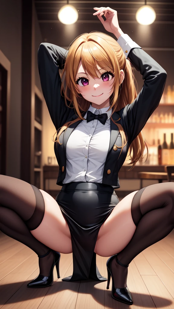 anime, beautiful face, highly detailed face, 2 accurate legs detailed eyes, highly detailed background, perfect lighting, accurate arms, beautiful blonde hair, accurate hands, accurate fingers, full body, 1girl, solo, ruby hoshino, oshi no ko, indoors, detailed heels, black heels, detailed thighhighs, absurdres, high res, ultrasharp, 8K, masterpiece, looking at viewer, teasing smile, clubbing, in a nightclub, nightclub outfit, riding on the floor, spreading legs, (doing the splits:1.2), pencil skirt
