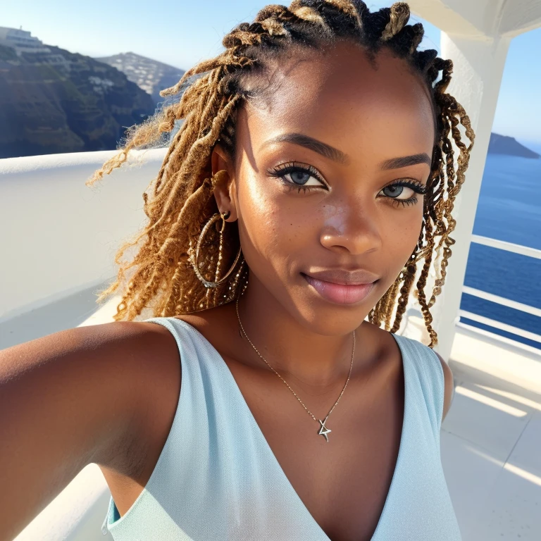 (selfie, center view: 1.4), (full of the body: 1.4), RAW UHD portrait photo of a 28-year-old African (blue-eyed African woman mixed brazillian), blonde braids, large breasts, ample cleavage, (flowy dress), overlooking Santorini, (V-neck), emphasis on (fabrics! , wind-blown hair! , vibrant hues, glow!! details (textures! , hair! , glitter, color!! , disadvantages: 1.1), glossy eyes with high detail (looking at the camera), SLR lighting, SLR camera, ultra-quality, sharpness, depth of field, film grain (center), Fujifilm XT3, crystal clear, frame center, beautiful face, sharp focus, bokeh (dimly lit), day, detailed skin pores, oily skin, sunburn, complex eye details, full body, large breasts