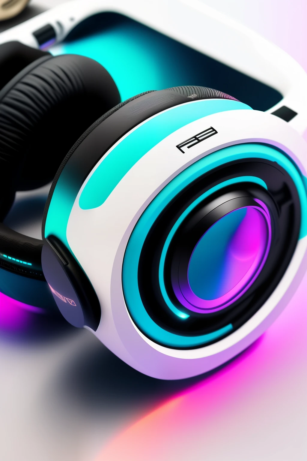 Um objeto futurista, um fone de ouvido headset, com um estilo cyberpunk, adorned with paint strokes and neon lights, em um estilo de imagem vetorial perfeito para estampas de camisetas. With a white background that highlights every detail, The image is in 4K, proporcionando uma qualidade realista e imersiva. Ray tracing effects lend an even more sophisticated and technological aspect to the composition.