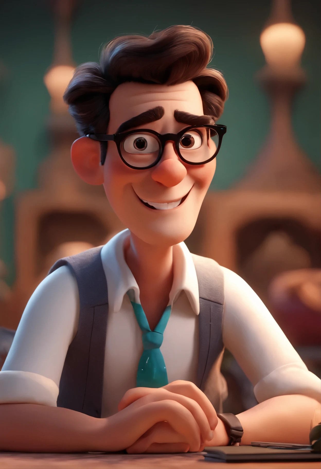 Disney Pixar character of a man with round black glasses and a white shirt, animation character, Caractere estilizado, animation style rendering, 3D estilizado, Arnaldo Maya rend