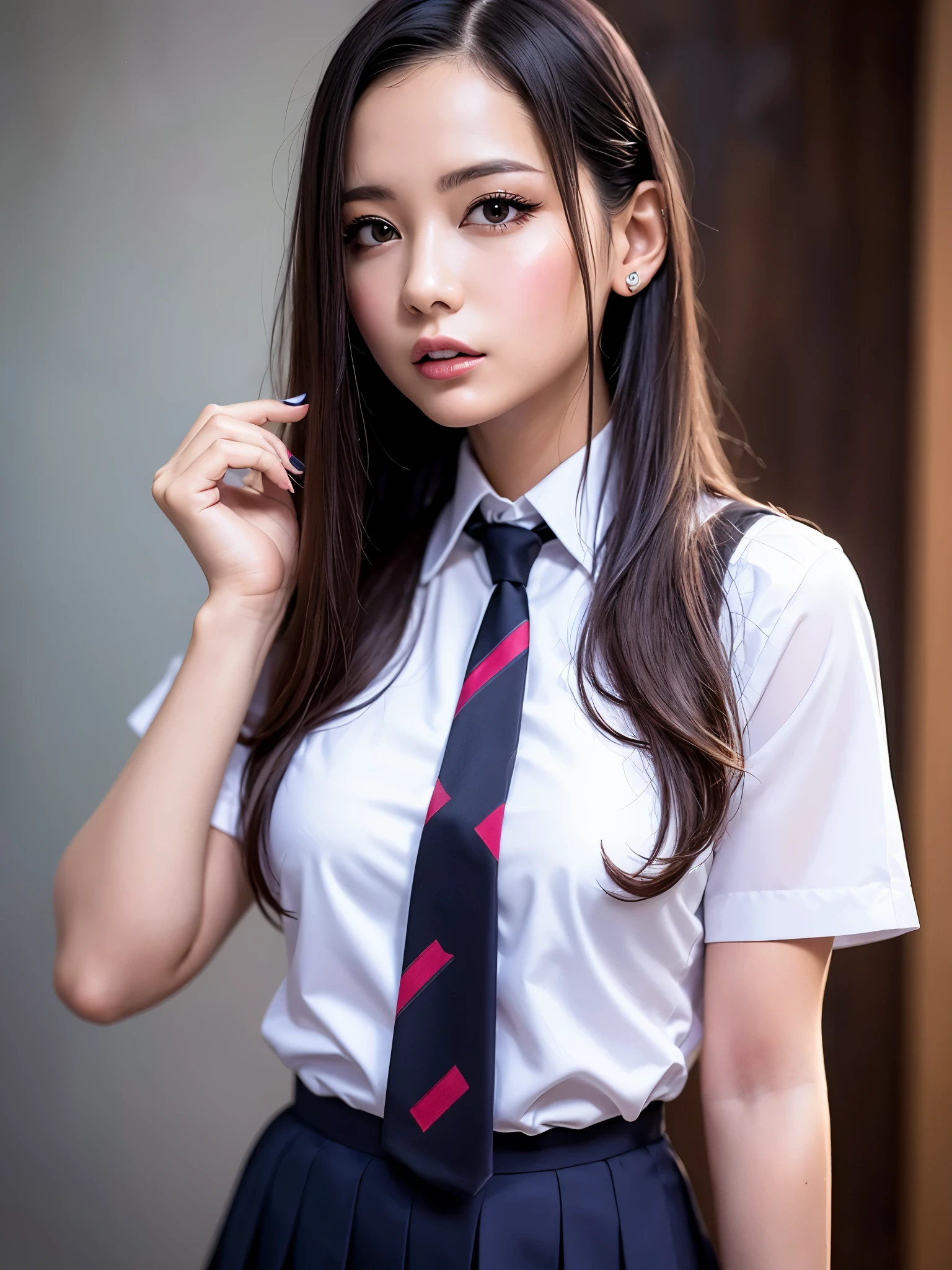 （best quality，4K，master piece：1.2），Beautiful woman，1 girl，Sexy：1.1，dark yellow hair：1.1，Woman in school uniform，Drenched school uniform，super detailed face，detailed lips，detailed eyes，double eyelid，miniskirt white stockings，stand up