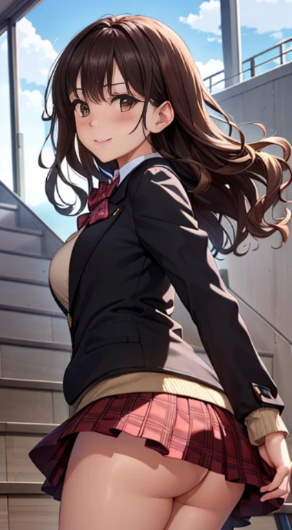 ((on the table, best quality, high resolution, north african free trade area, pixel perfect, 4K, north african free trade area, north african trade zone))), 1 girl in, single, alone, Beauty、see whole body、 ((medium wavy hair, Bangs, brown hair)), ((brown eyes, beautiful eyelashes, realistic eyes)), ((Detailed face, blush:1.2)), ((smooth texture:0.75, lifelike质感:0.65, lifelike:1.1, Anime CG style)), medium breasts, dynamic angle, Perfect body, ((red bow tie, Uniforms, black jacket, open jacket, Brown cardigan, White shirt, black skirt, Plaid skirt)), City stairs、Looking up from the bottom of the stairs、Very embarrassing panic smile, turn around、bend forward、(The wind blew over the skirt,Exposed ass........................、Stroke your buttocks with both hands、Pink floral lace)、