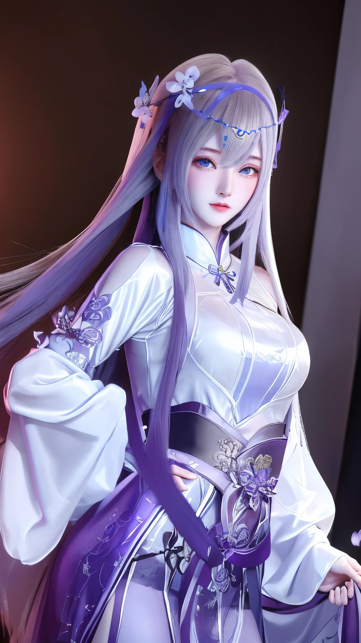 1girl,city View, night, looking at the audience, adult, Yi Shi Er Didi,cowboy shooting, masterpiece, best quality),  girl. Long purple bangs. dark purple eyes. White and purple petal headband.
Purple and white long-sleeved shirt.