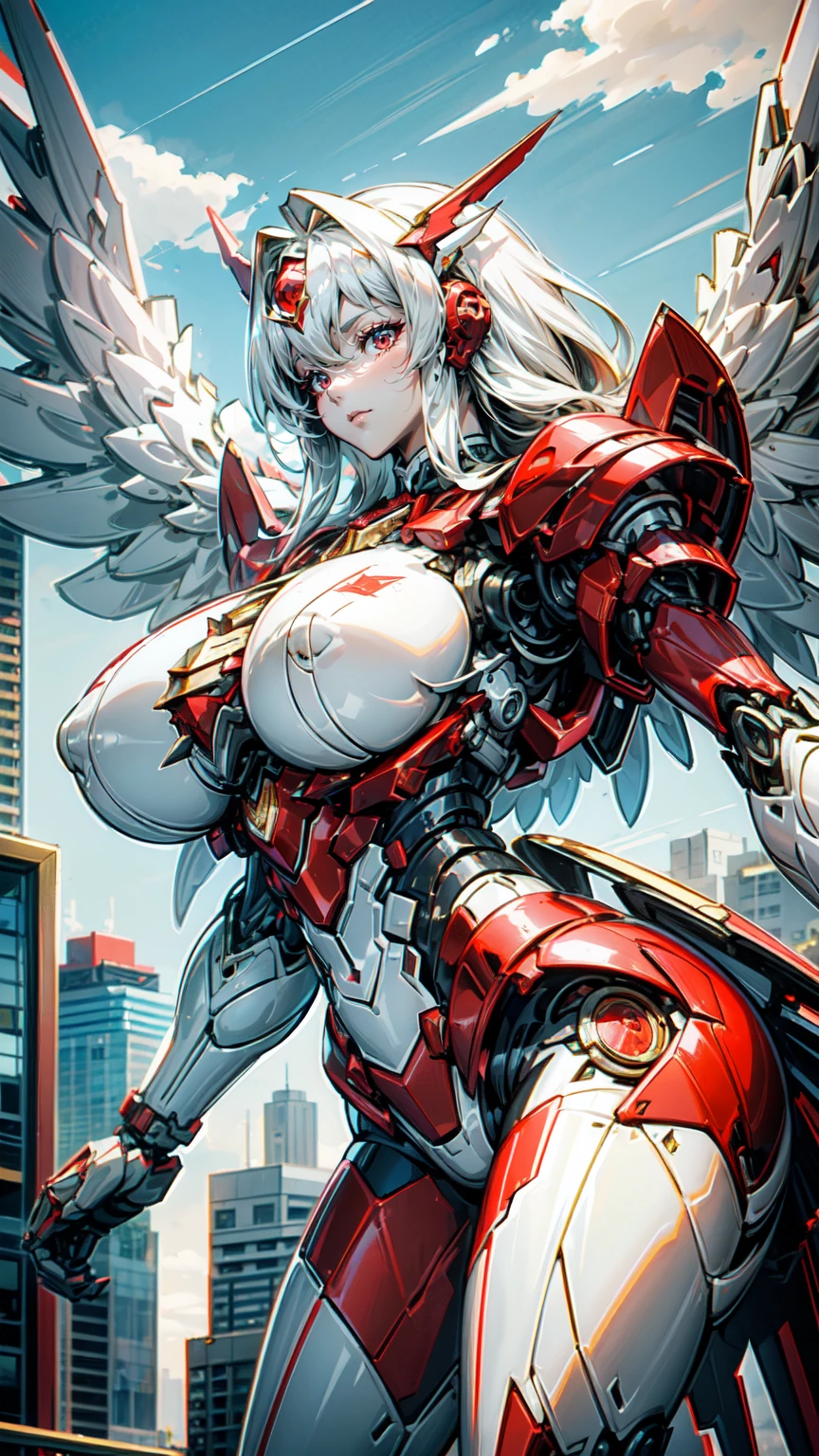 A beautiful mechanical girl,with white wings,tall,Perfect mechanical body,(red mechanical body:1.3),Red manipulator臂,Red manipulator,Mechanical neck,Mechanical details,金属luster,Mechanical chest,Plump breasts,Plump buttocks,sexy,grace,Temperament,long white hair,red eyes,finely quality eyes,beautiful face,luster,(bust:1.5),perfect details,Ray tracing,8K,highest resolution,work,highest quality,Character focus,daytime,sunny,City streets,high-rise buildings,sunny,blue sky,Baiyun