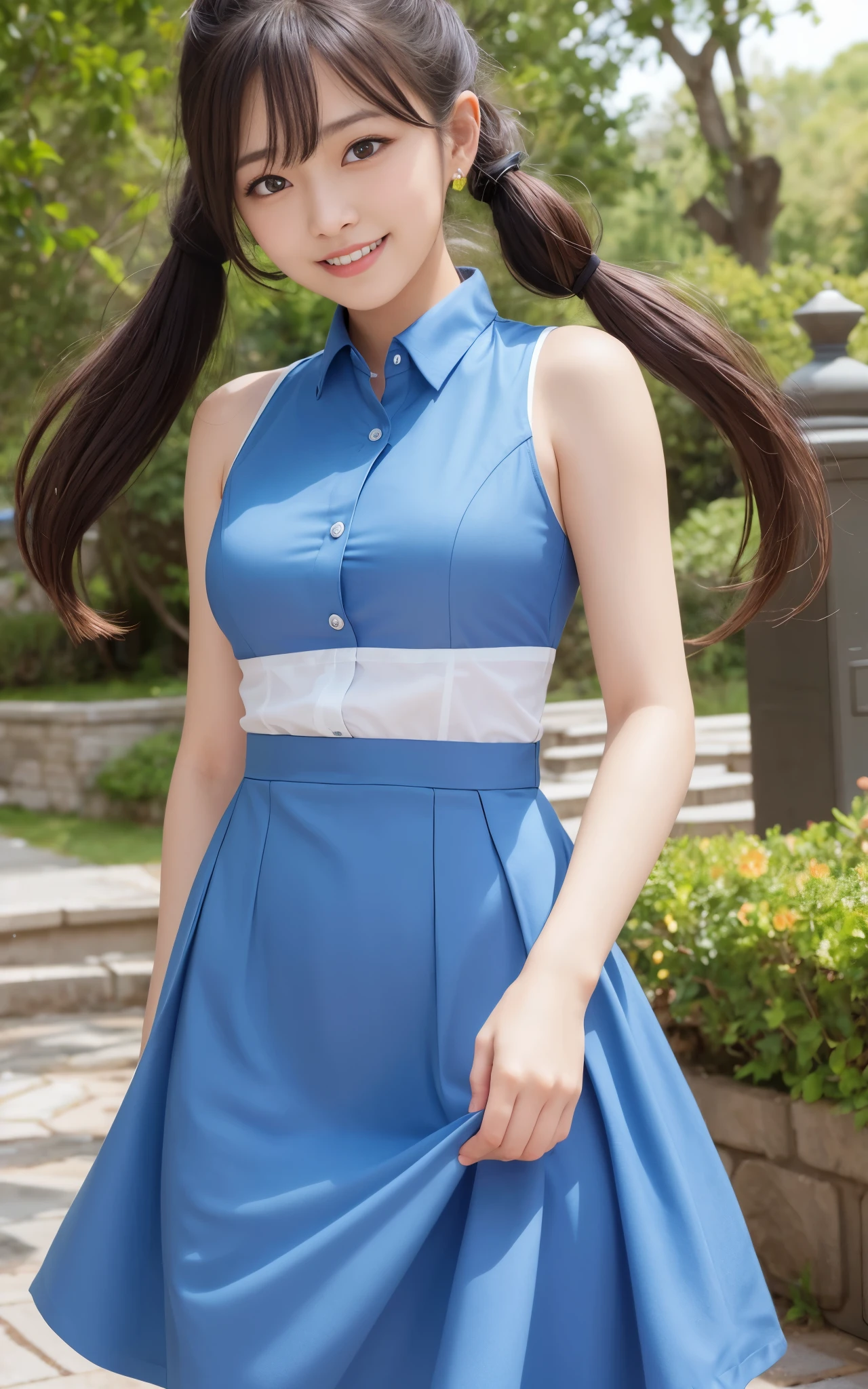 highest quality, figure, super detailed, finely, High resolution, 8k wallpaper, 完璧なダイナミックな構figure, beautiful skin, (Big eyes that shine like jewels), 20 year old beautiful girl, natural color lip, random sexy poses, Chest middle, smile, Highly detailed face and skin texture, Detailed eyes, Double eyelid,leaking teeth and laughing, close-up, from below, brown hair twintails, (blue dress shirt:1.2), beautiful scenery