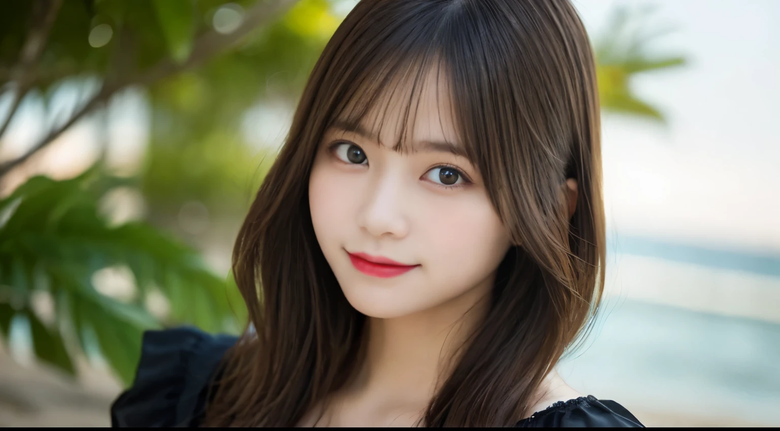 muste piece, best quality, illustration, Super detailed, fine details, High resolution, 8K Dende Wallpaper, perfect dynamic composition, beautiful detailed eyes, she is wearing a black dress,medium hair,natural color lip, shy smile,Harajuku style、20 year old girl、There is only one person, bust up photo、cute type、looking at camera、C Cup、brown hair、Blurred private beach background、Copy Space