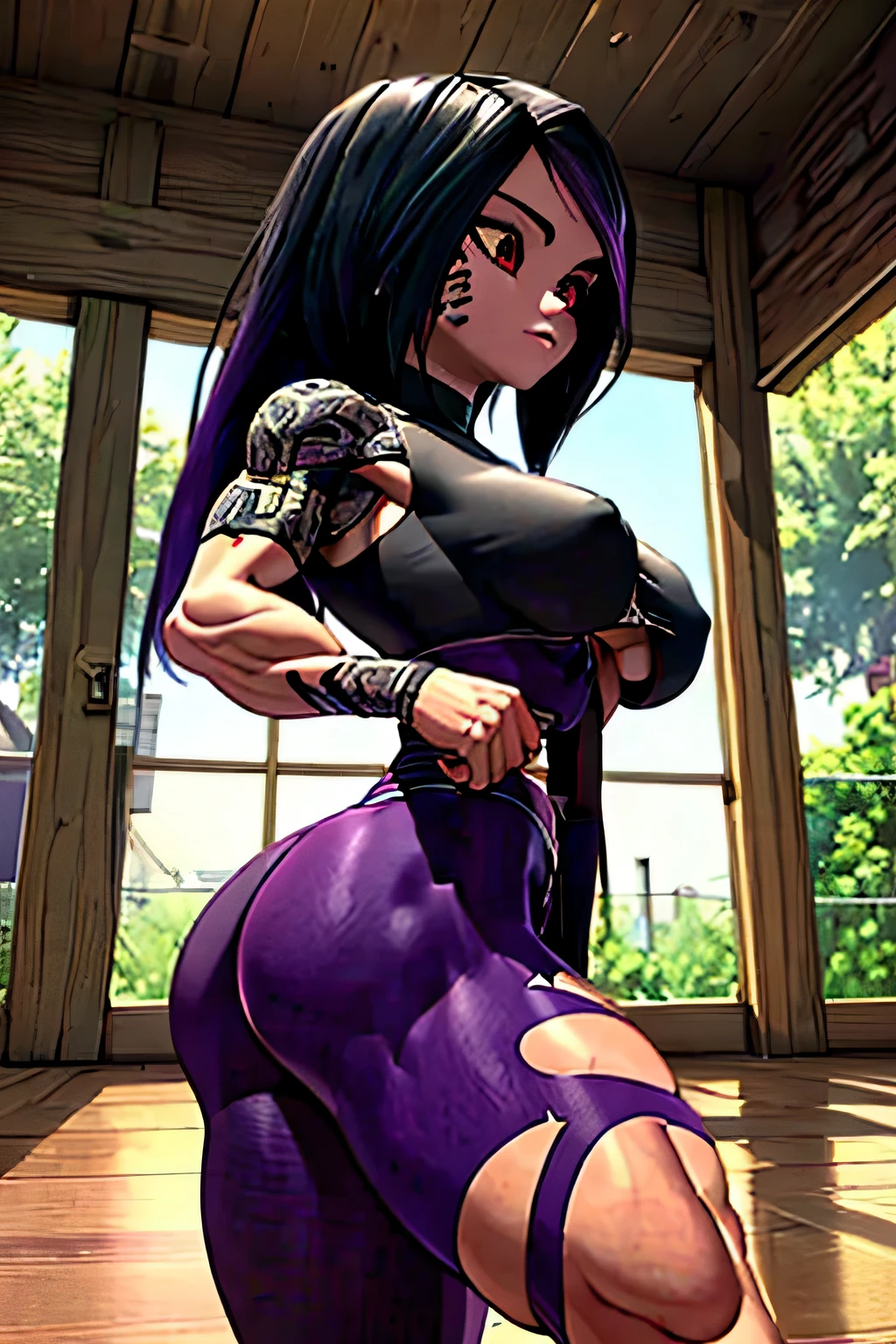 (best quality, masterpiece, high resolution),(side view:1.6), bodybuilder, (big muscles), (big pectorals), narrow waist, (face fierce and firm). is doing a body lift, lifting small barbells in both hands, great detail, insane detail, intricate detail, beautiful color grading, incredibly detailed and intricate, hyper maximal, elegant, hyperrealistic, super detailed ,(beautiful face: 2), beautiful woman face, thick muscular neck, matching neck, matching trapezius muscles, matching hair, slight smirk, neutral stare, glowing red eye-sight contrast, (8K UHD:1.2), (photorealistic:1.2),(masterpiece:1.4), (best quality:1.4),extremely detailed wallpaper, highly detailed illustrations, ((1 Girl)) , (super-complex details) official art, unity 8k wallpaper, ultra detailed, beautiful and aesthetic, masterpiece, best quality, ( zentangle, mandala, tangle, entangle), (fractal art:1.3) , masterpiece, , intricate detail,((bulking)),covered body upper body,(body builder:1.7), bodybuilder, fighter, killing machine, human killer, blood on her face, muscular, bob hair, busty, , curvy, upper , from back angle, armpit, masterpiece, best quality, high quality, high definition, high quality texture, high quality shadow, high detail, beautiful detailed, fine detailed, extremely detailed cg, detailed texture, a realistic representation of the face, realistic, colorful , delicate, cinematic light, side light, Lens Flare, Ray Tracing, tailed beautiful delicate face, detailed beautiful delicate eyes, mature female,((( black and purple hair, black-top, purple-skirt))) ,bored, pompadour cut, muscular, toned, navel, , thick thighs, broad shoulders, big arm muscles, bicep's, meaty leg muscles, big upper body , long hair, (),(( big )), big muscular upper body, ((muscle being shown in clothes)) , thick eyelashes, makeup.