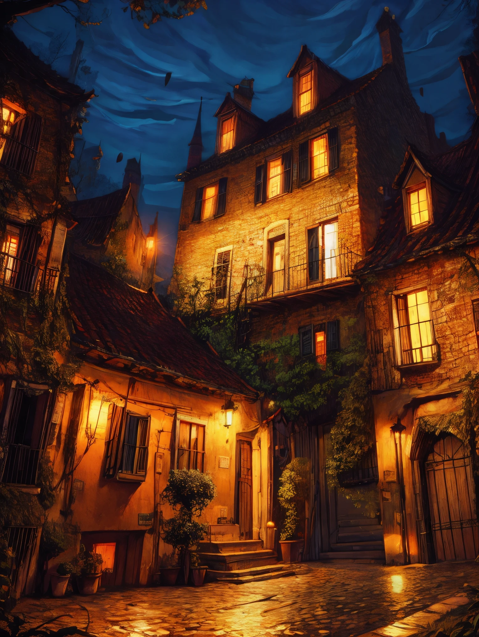 4k, realistic, very detailed, wide angle lens, moist medieval town, vibrant, fantastical plants, a big house, Makoto Shinkai style, anime background, concept art, (no characters appearing), realistic lighting, epic composition, diffuse, (masterpiece, best quality), super hd, 32k --v 6
