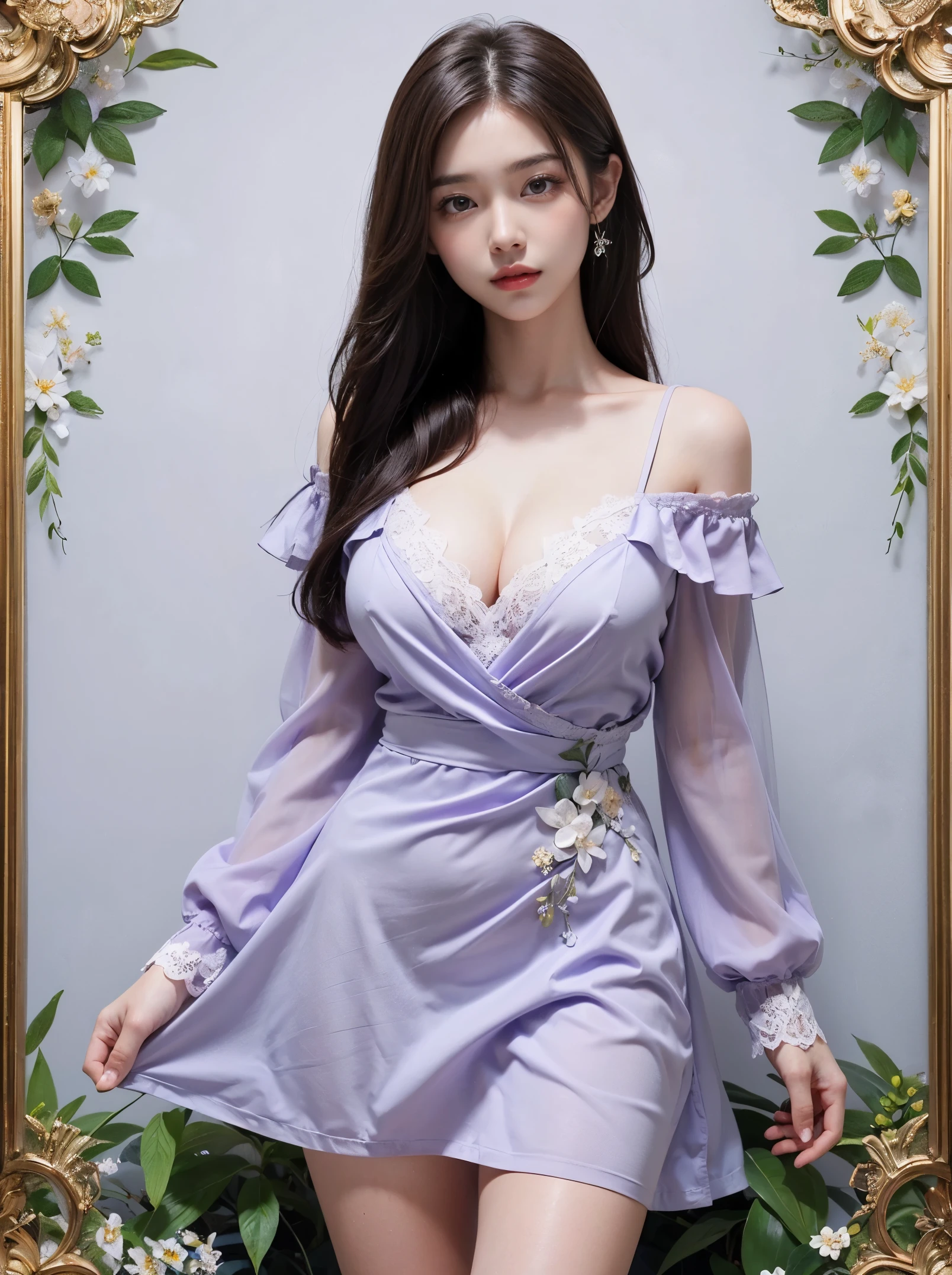 Intricate, High Detail, Sharp Focus, Dramatic, starry night sky, Beautiful girl,Japanese idol, 18 years old, mature looking, Realistic Art of Drawing, Sketch, Masterpiece, Best Quality, Very Detailed, 1girl, Full-body, head to bust image scope, beautiful detailed eyes, detailed face, double eyelid, 1girl, solo, beautiful skin, real human skin, cute girl, beautiful , (Light purple dress:1.4), decorated with white lace embroidery, standing position, Cute Face, beautiful cleavage , beautiful thighs, seductive smile,(Botanical Illustration: 1.5), bigger breasts, Off-shoulder mini dress that clearly shows your body line,