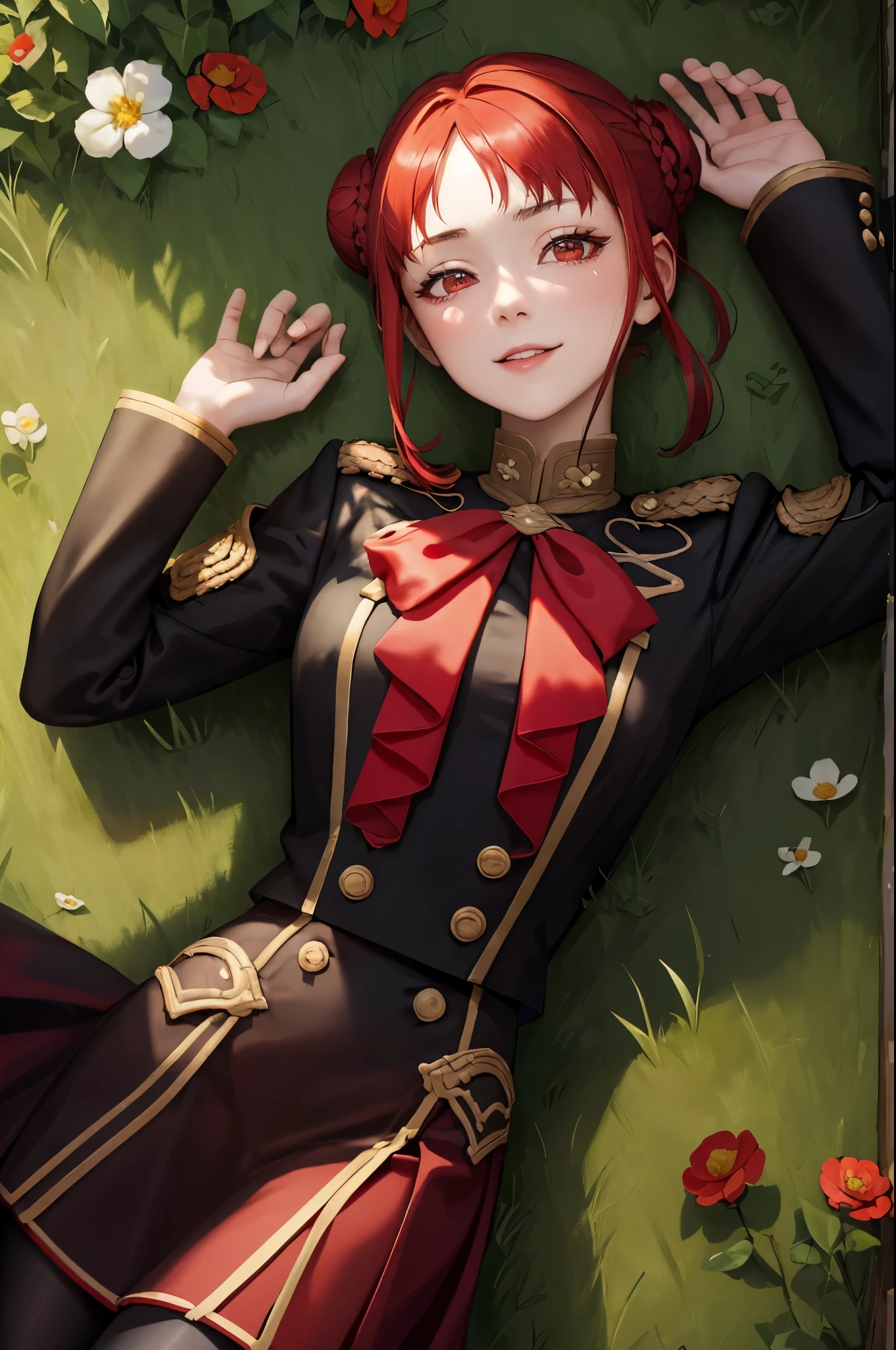 masterpiece, best quality, feMonica, hair bun, braid, red bow, black jacket, black skirt, red pantyhose, upper body, from above, lying on back, grass, looking at viewer, tired, smile, garden 