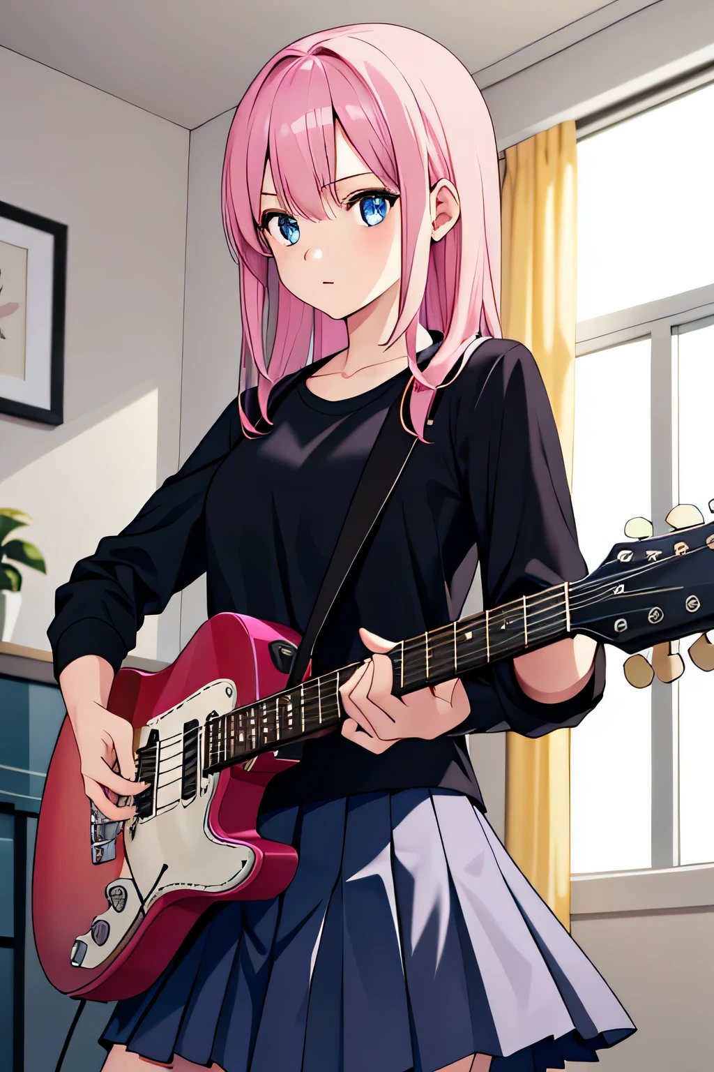 ((masterpiece,best quality))1girl, solo, black shirt, white skirt, blue eyes, long pink hair, playing guitar, pleated skirt, indoors