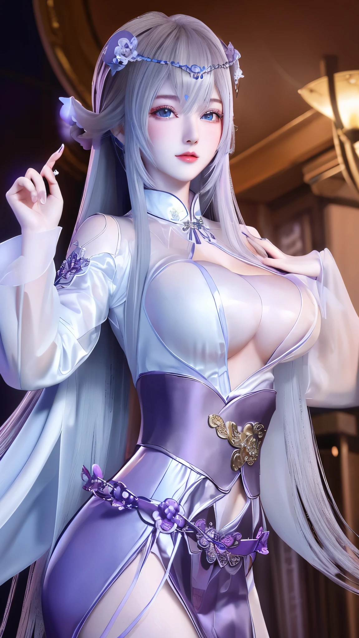 1girl,city View, night, looking at the audience, adult, Yi Shi Er Didi,cowboy shooting, masterpiece, best quality),  girl. Long purple bangs. dark purple eyes. White and purple petal headband.expose breast,Medium Breast,expose breast,
Purple and white long-sleeved shirt.