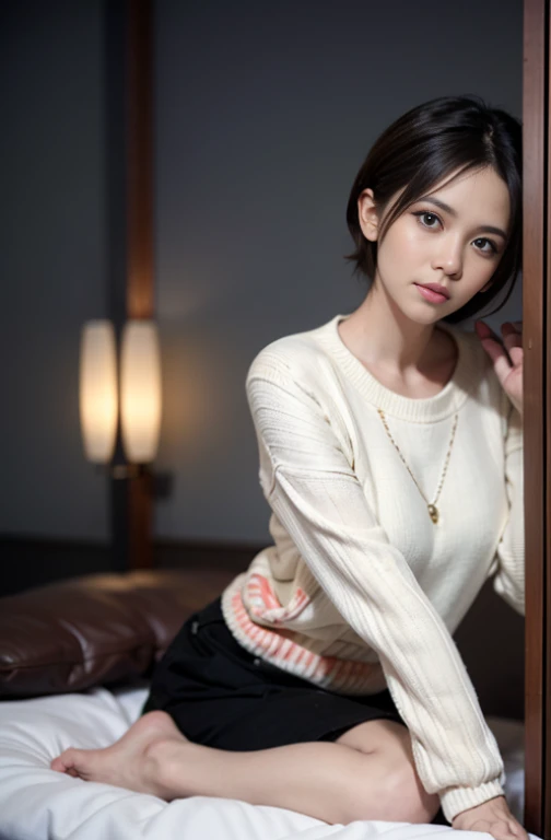(soft light)), (whole body), (masterpiece:1.3), (8K, realistic, RAW photo, highest quality: 1.4), (1 girl), beautiful face, (realistic face), (black hair, short hair:1.3), beautiful hairstyle, realistic eyes, beautiful and fine eyes, (realistic skin), beautiful skin, (sweater), disorganized, Charm, ultra high resolution, surreal, very detailed, golden ratio, model pose