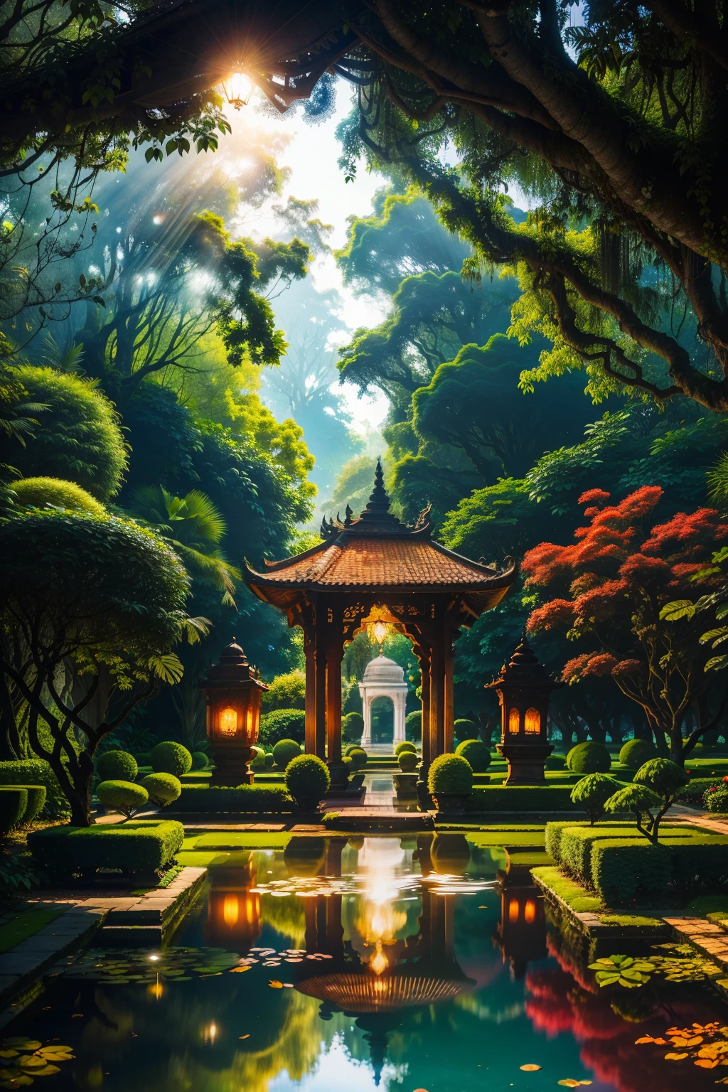 In the serene and tranquil atmosphere of these beautiful landscaped gardens, isolated trails and bridges weave their way through the lush foliage. Brightly colored trees and leaves, reflected in standing water, create a vibrant and picturesque scene. Antique pavilions and pagodas dot the landscape, adorned with intricate architectural details that add to the peaceful and harmonious ambiance. Fallen leaves litter the ground, adding a touch of authenticity and tranquility to the setting. The delicate moonlight shines through the trees, casting a soft and soothing glow over the still waters.
A serene lagoon lies at the heart of this idyllic garden,