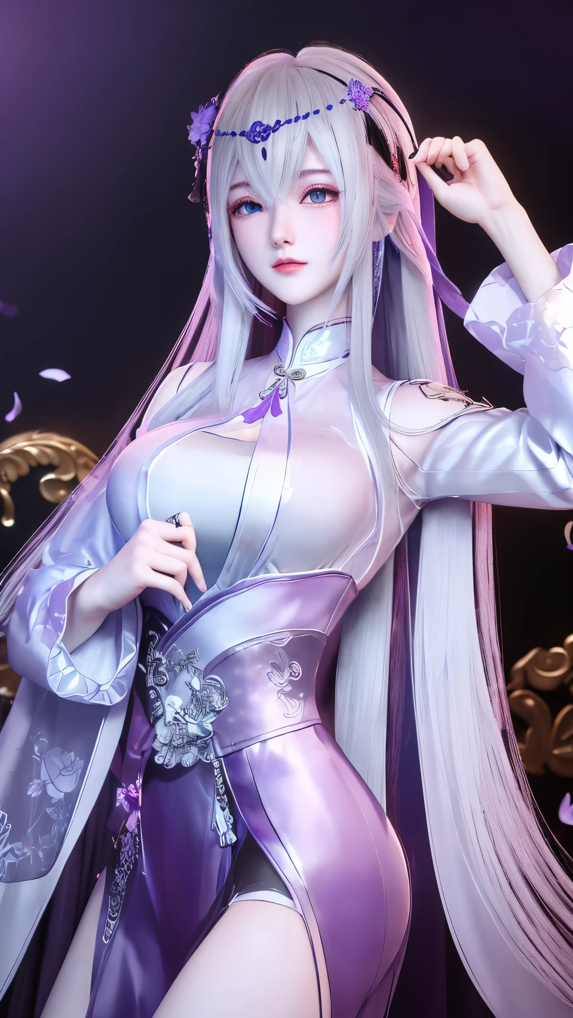 1girl,city View, night, looking at the audience, adult, Yi Shi Er Didi,cowboy shooting, masterpiece, best quality),  girl. Long purple bangs. dark purple eyes. White and purple petal headband.expose breast,Medium Breast,expose breast,
Purple and white long-sleeved shirt.