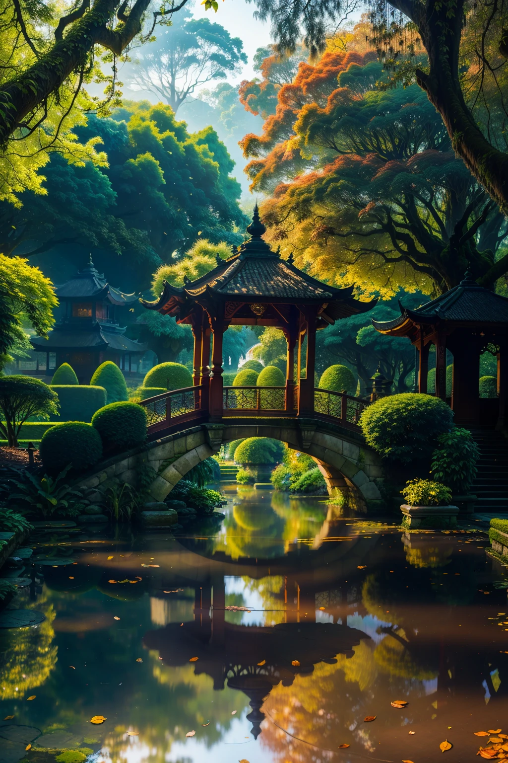 In the serene and tranquil atmosphere of these beautiful landscaped gardens, isolated trails and bridges weave their way through the lush foliage. Brightly colored trees and leaves, reflected in standing water, create a vibrant and picturesque scene. Antique pavilions and pagodas dot the landscape, adorned with intricate architectural details that add to the peaceful and harmonious ambiance. Fallen leaves litter the ground, adding a touch of authenticity and tranquility to the setting. The delicate moonlight shines through the trees, casting a soft and soothing glow over the still waters.
A serene lagoon lies at the heart of this idyllic garden,