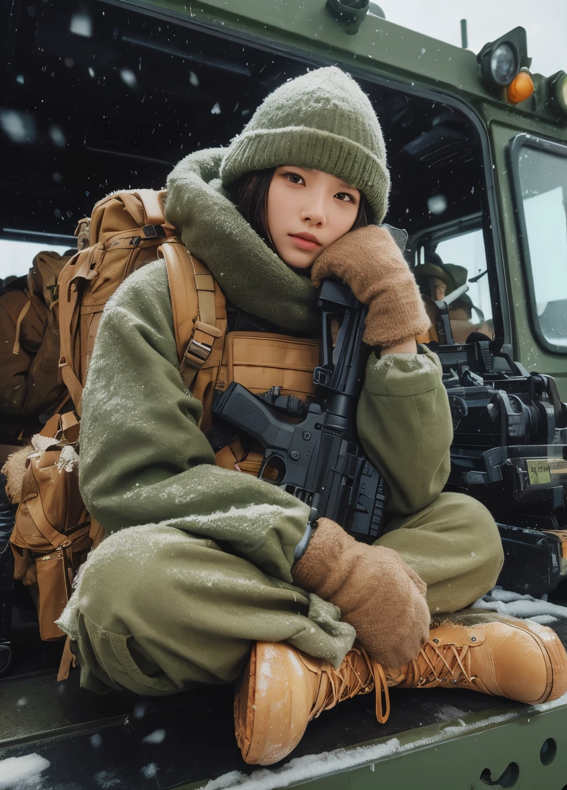 photorealistic、realistic skin texture、automatic rifle、