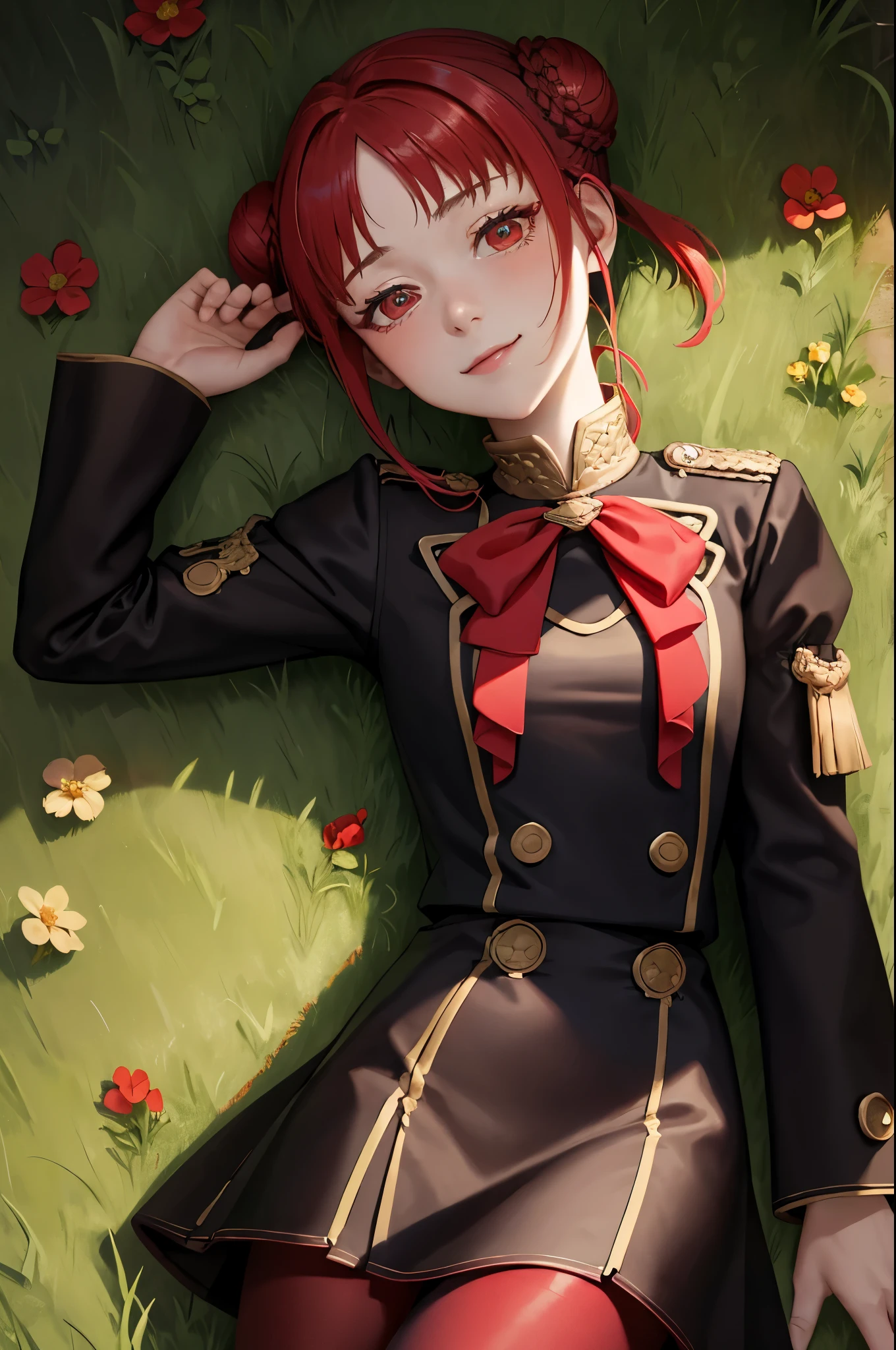 masterpiece, best quality, feMonica, hair bun, braid, red bow, black jacket, black skirt, red pantyhose, upper body, from above, lying on back, grass, looking at viewer, tired, smile, garden 